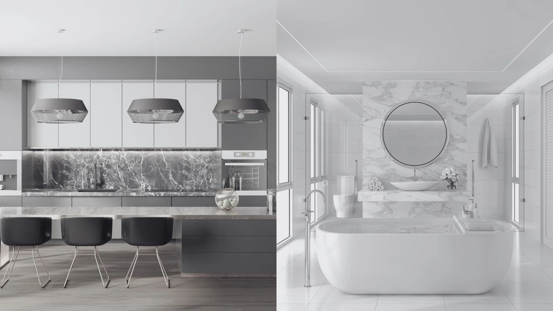 Split view of two modern bathrooms: the left side features a kitchen with gray cabinets, black bar stools, and a black marble backsplash; the right side shows a white marble bathroom with a bathtub, toilet, large window, and round mirror.