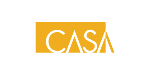 Logo with the word 'CASA' in white letters over a yellow background.