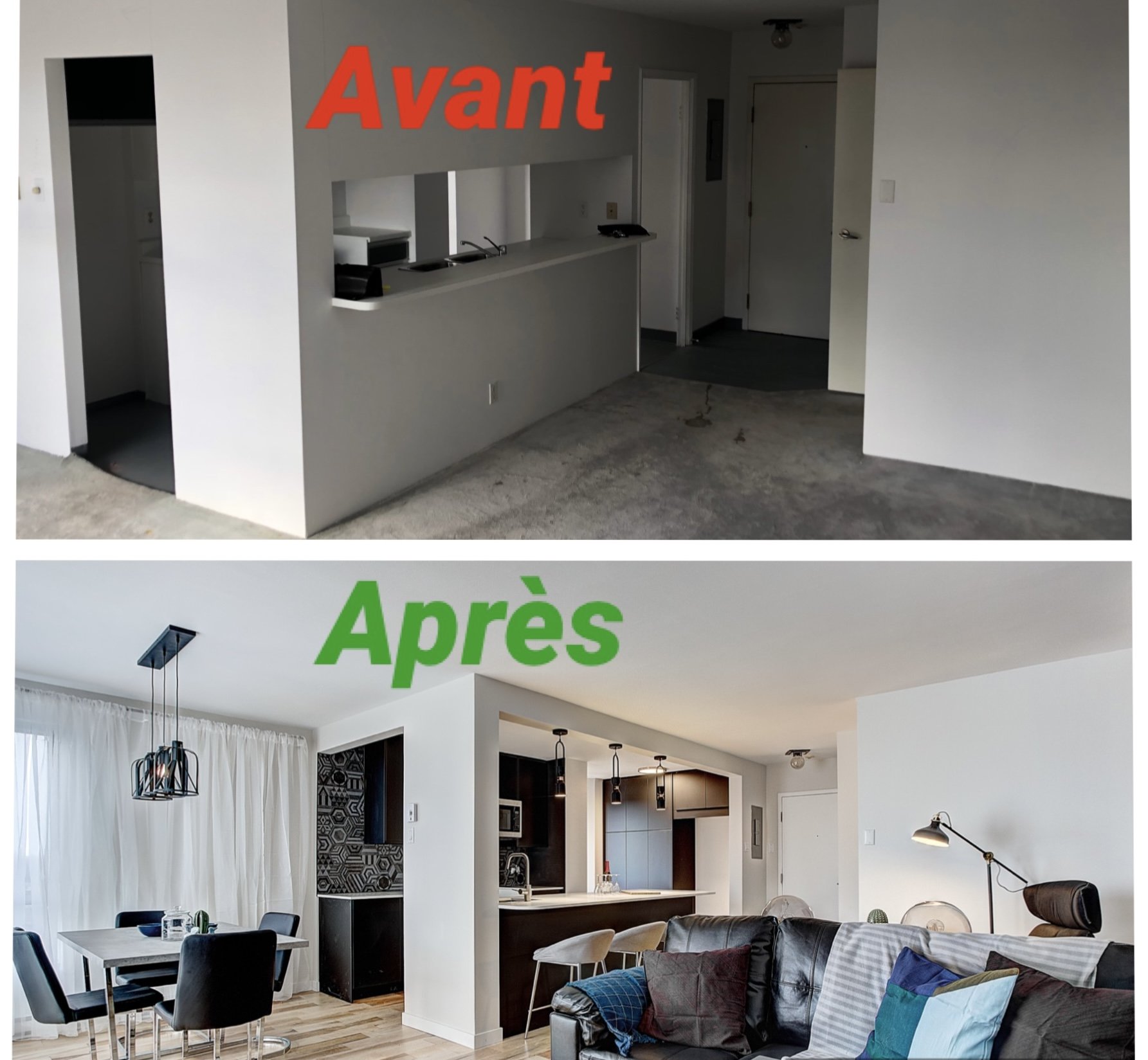 Comparison of a living space before and after renovation, with the word 'Avant' in red on the old, unfinished room, and 'Après' in green on the modern, furnished living room.