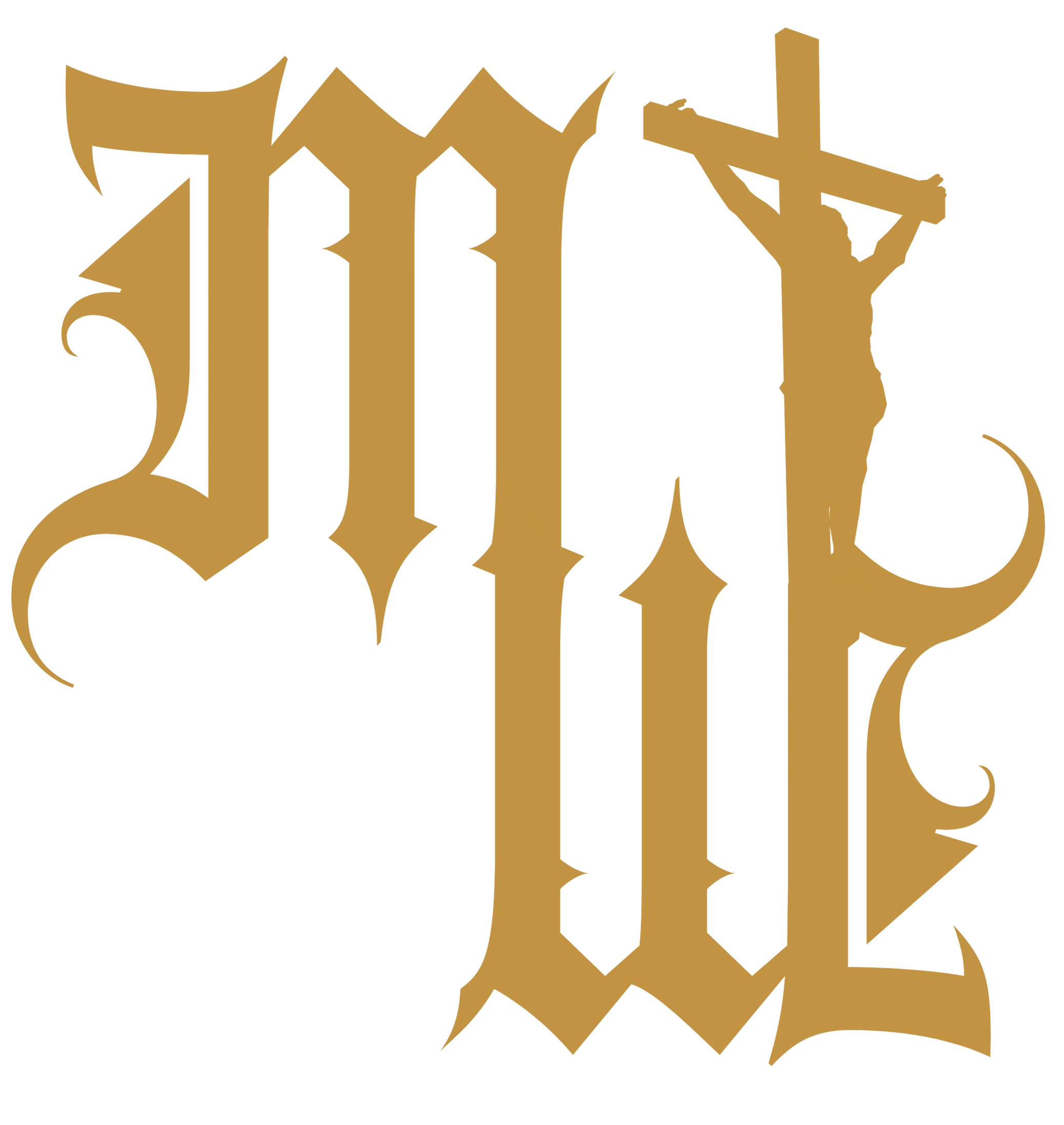 Decorative logo with gothic style, featuring stylized letters 'M' and 'L' in gold color on a black background.