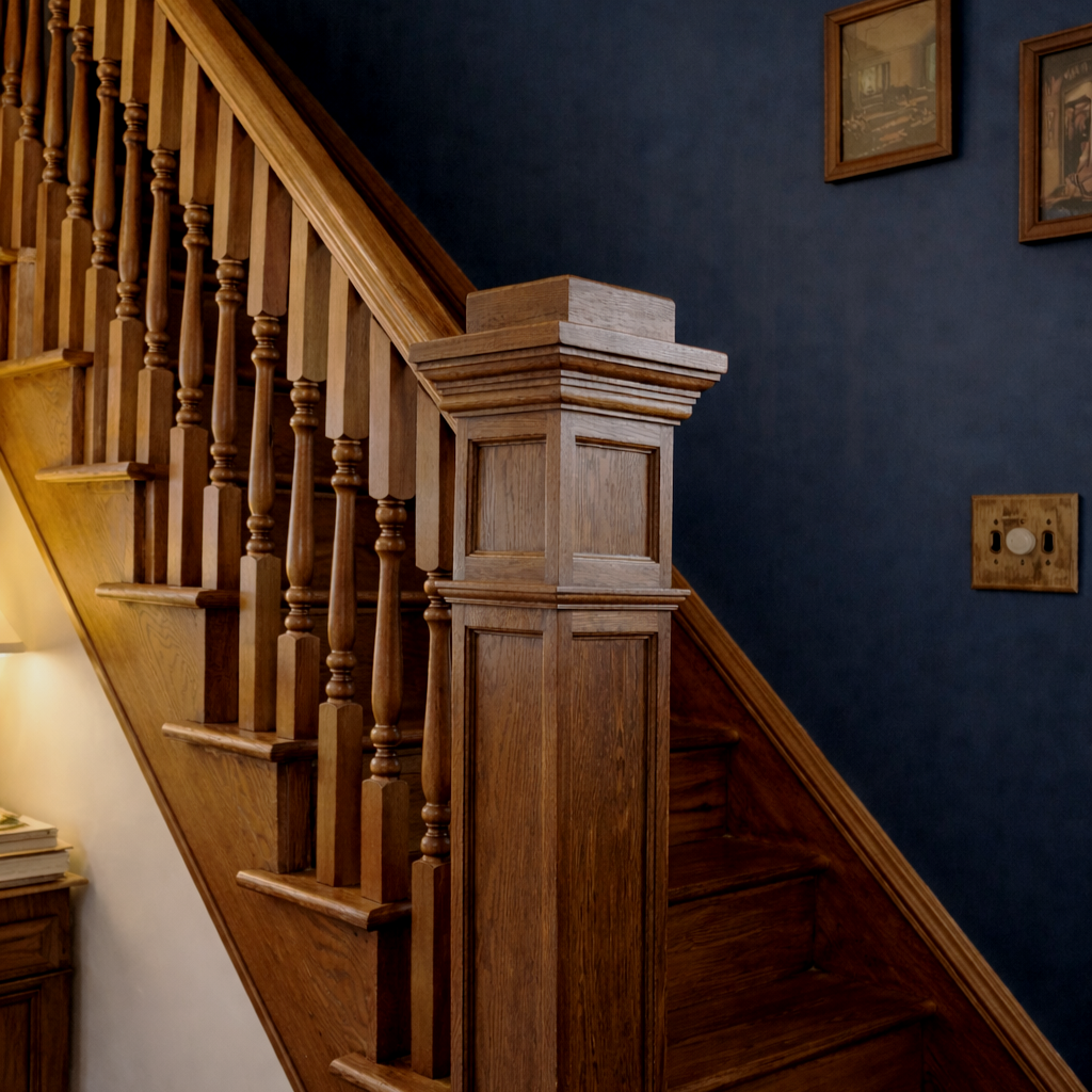 Wooden staircase with banister and blue wall in a home interior.