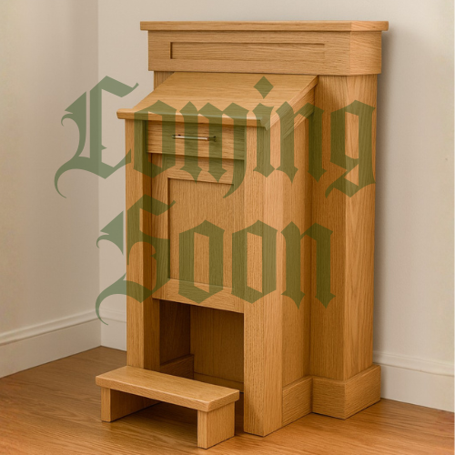 A small wooden pulpit or stand with a podium on top and a small step stool in front, placed against a wall in a room with wooden flooring.