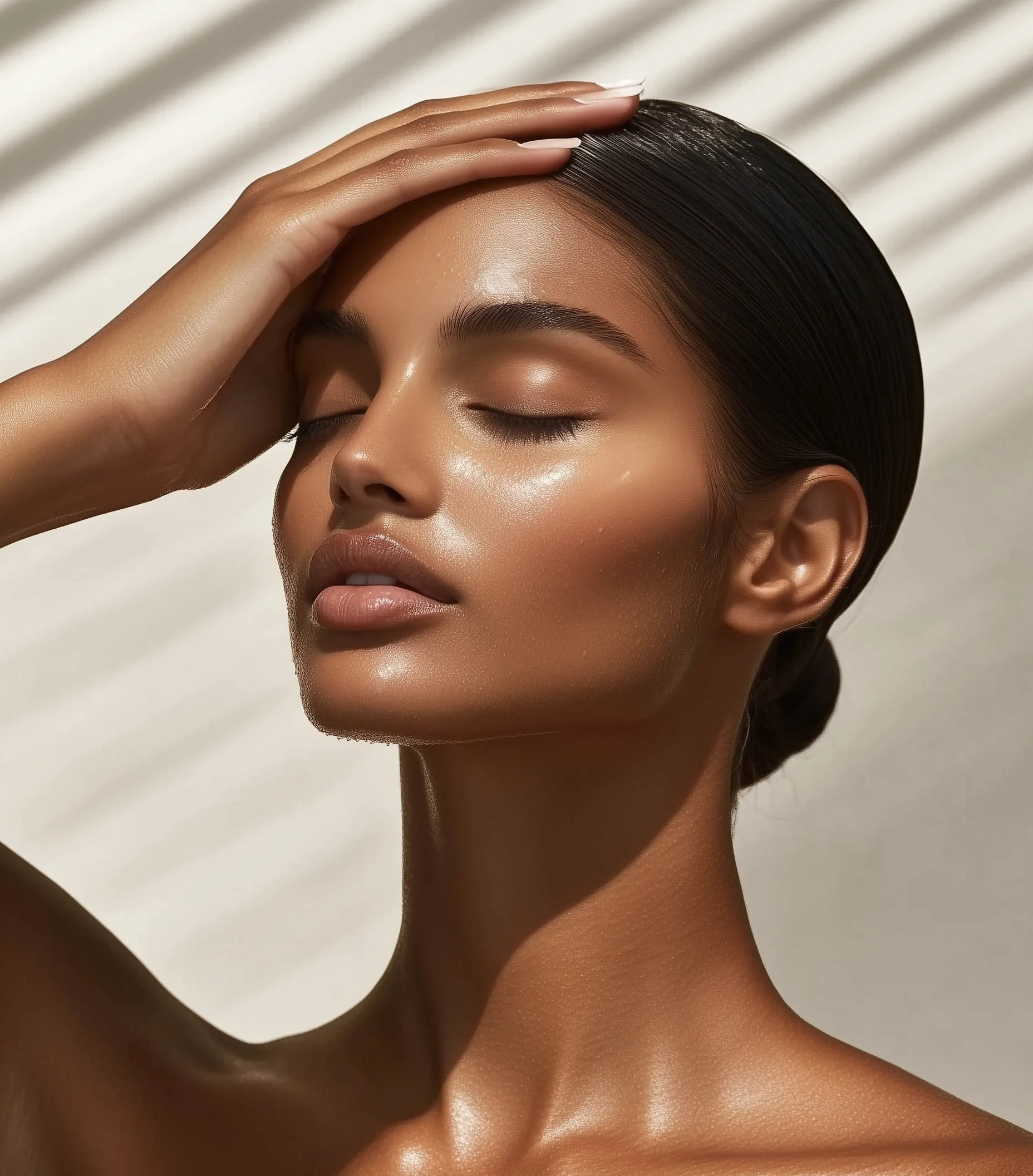 Nahaufnahme eines Models mit glattem, sonnengeküsstem Teint, geschlossenen Augen und ordnungsgemäß gepflegtem, glatten, dunklen Haar, das rückwärts gekämmt ist. Das Model berührt mit einer Hand die Stirn. Der Hintergrund ist hell und mit Schattenlinien.