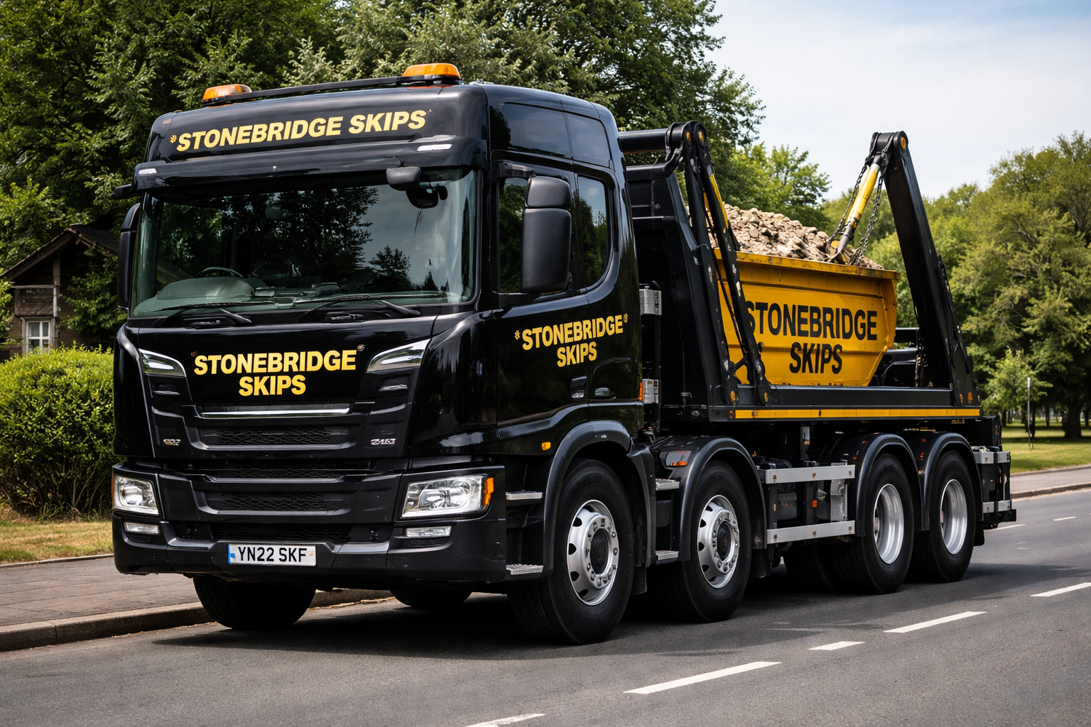 STONEBRIDGE SKIP HIRE OFFERS SKIP HIRE - IMAGE OF A STONEBRIDGE WASTE MANAGEMENT VEHICLE. SKIP HIRE IN LONDON, SKIP HIRE IN BIRMINGHAM.BLACKPOOL.KENT.SURREY.BERKSHIRE.ESSEX.LIVERPOOL.MANCHESTER. 8X4 SCANIA LORRY STONEBRIDGE GROUP OF COMPANIES
