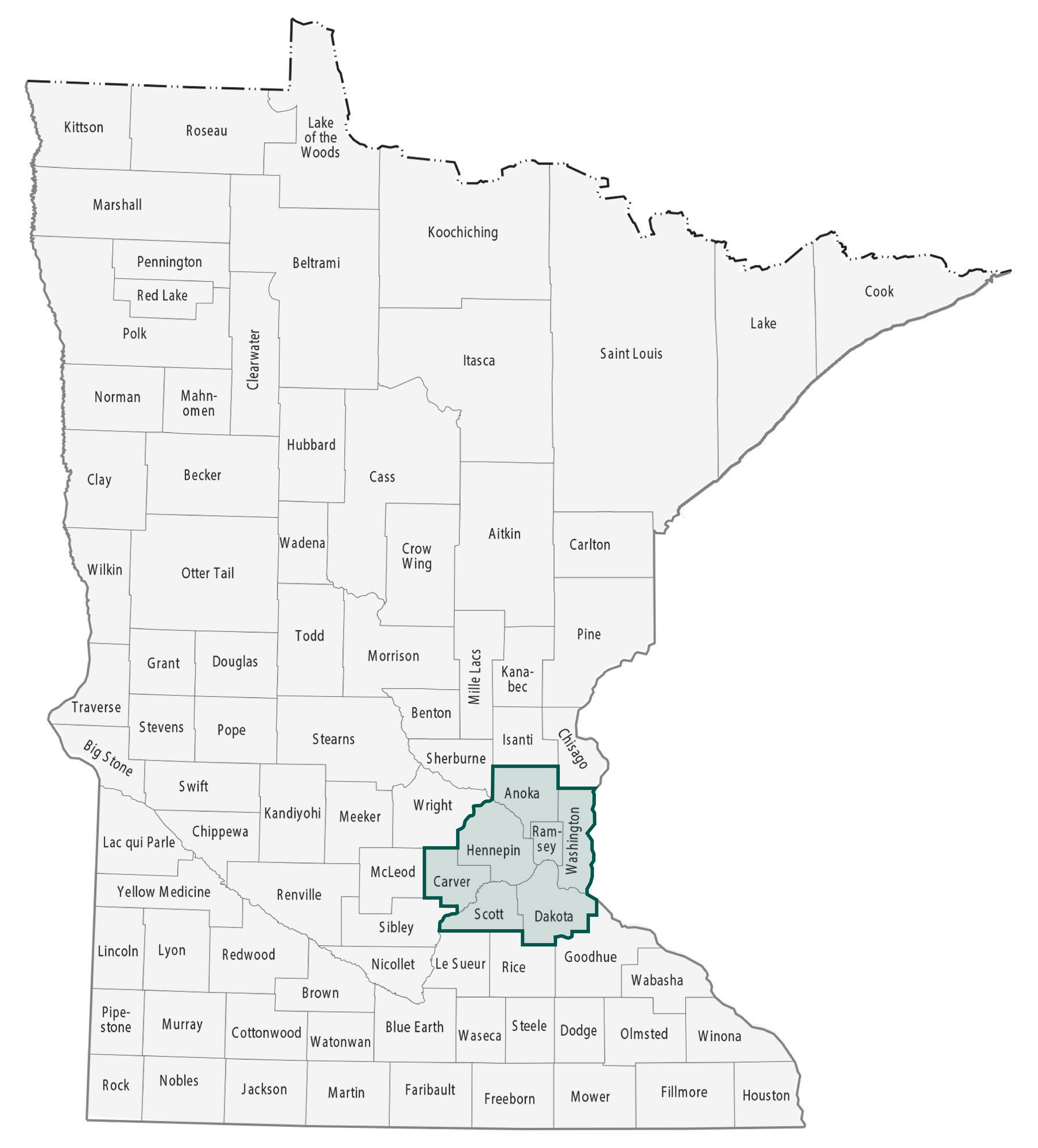 Image of the counties in the state of Minnesota with the specific counties served by Green Spirit Home Performance highlighted in green.