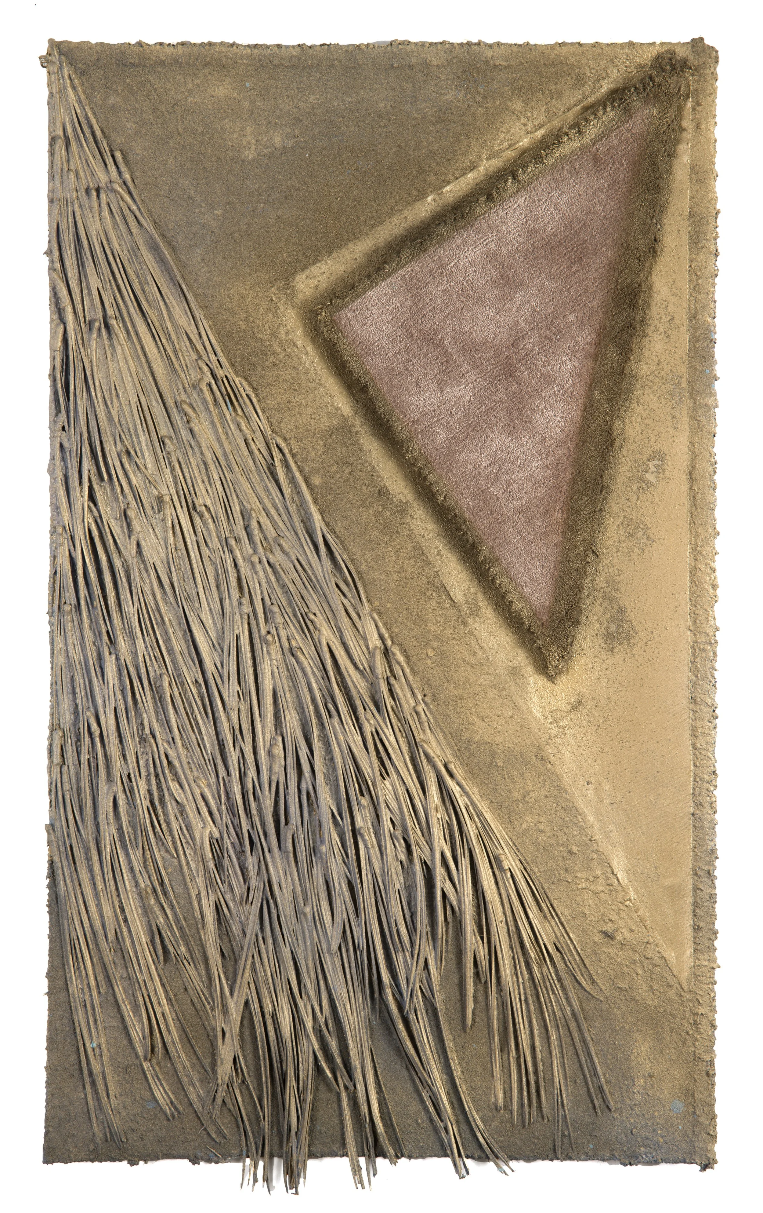 Wing (I)	2025 | 18 x 30" | acrylic, pine needles, sand and canvas on carpet