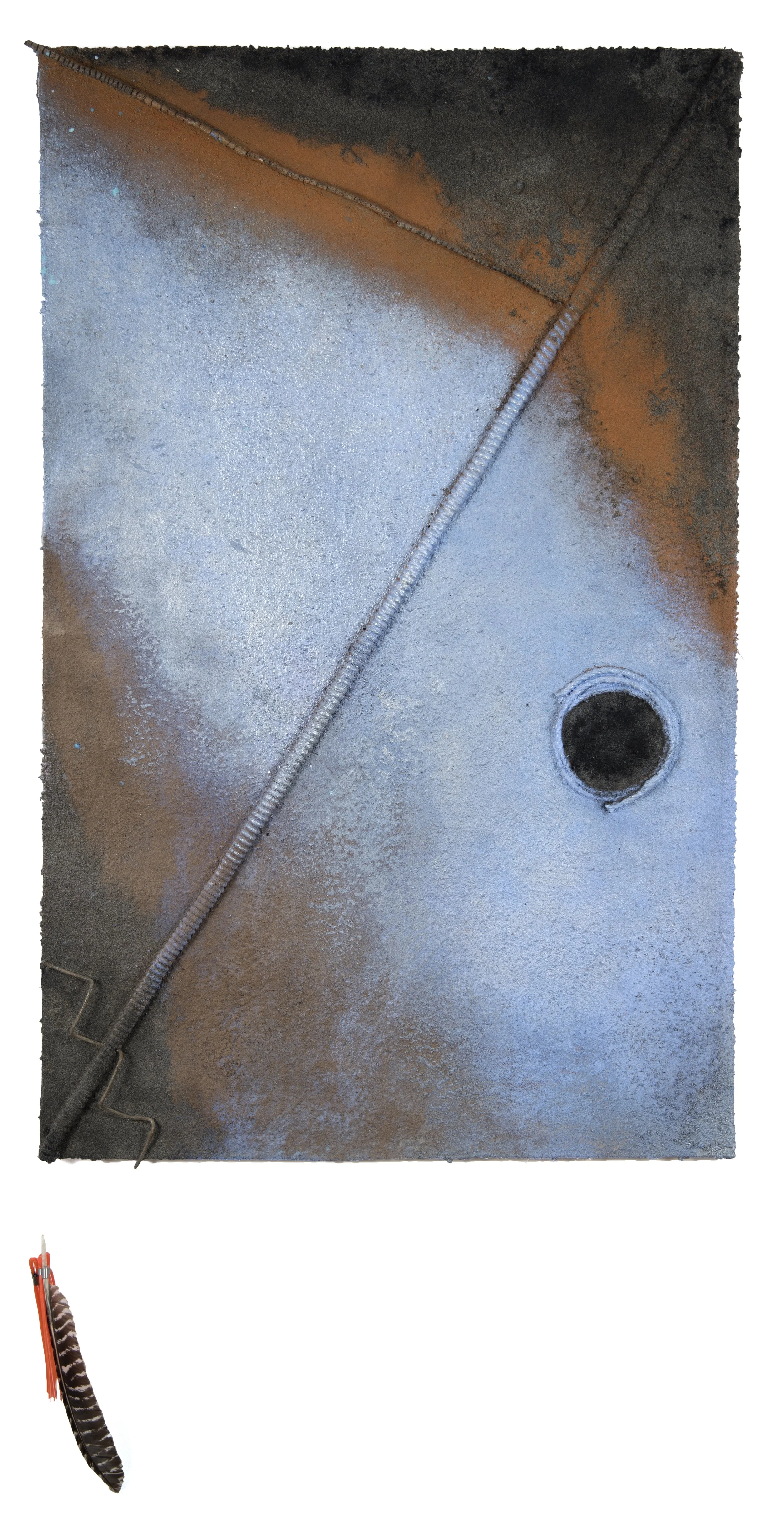 Phoenix | 2025 | 30.5 x 62.5" | acrylic, sand, garden hose, chain link fence, pine branches, charcoal, fishing line, survey marking whiskers and hawk feather on carpet