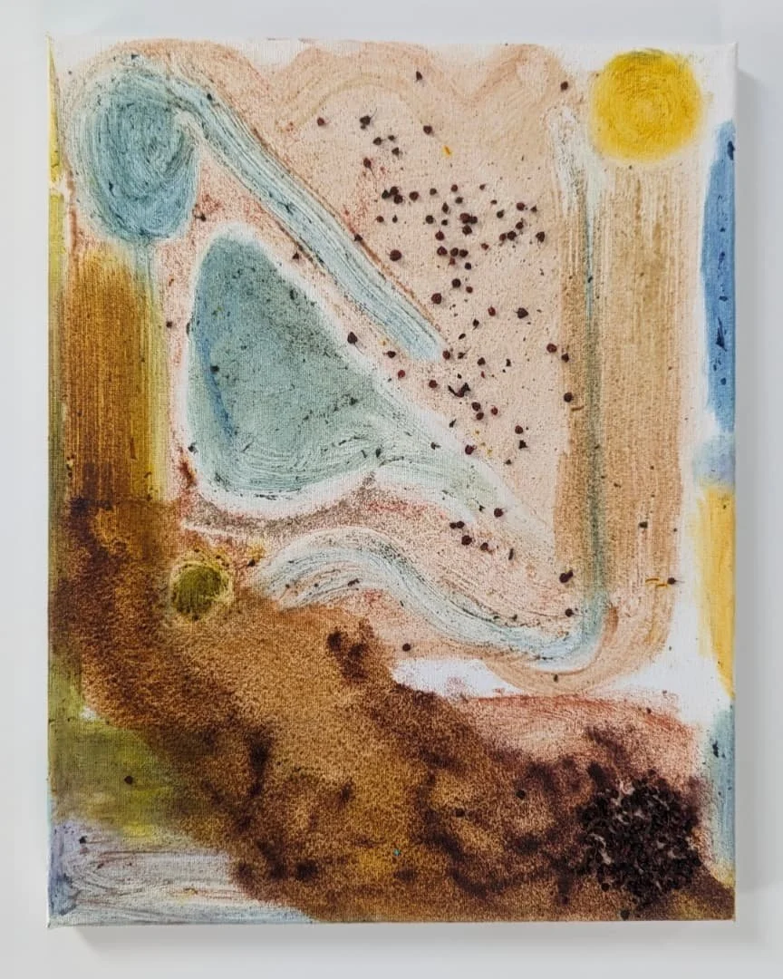 Gone to Seed
2024
ochre pigments, mugwort leaves, misc. petal inks, curly dock seeds and oil on canvas
14 x 11"