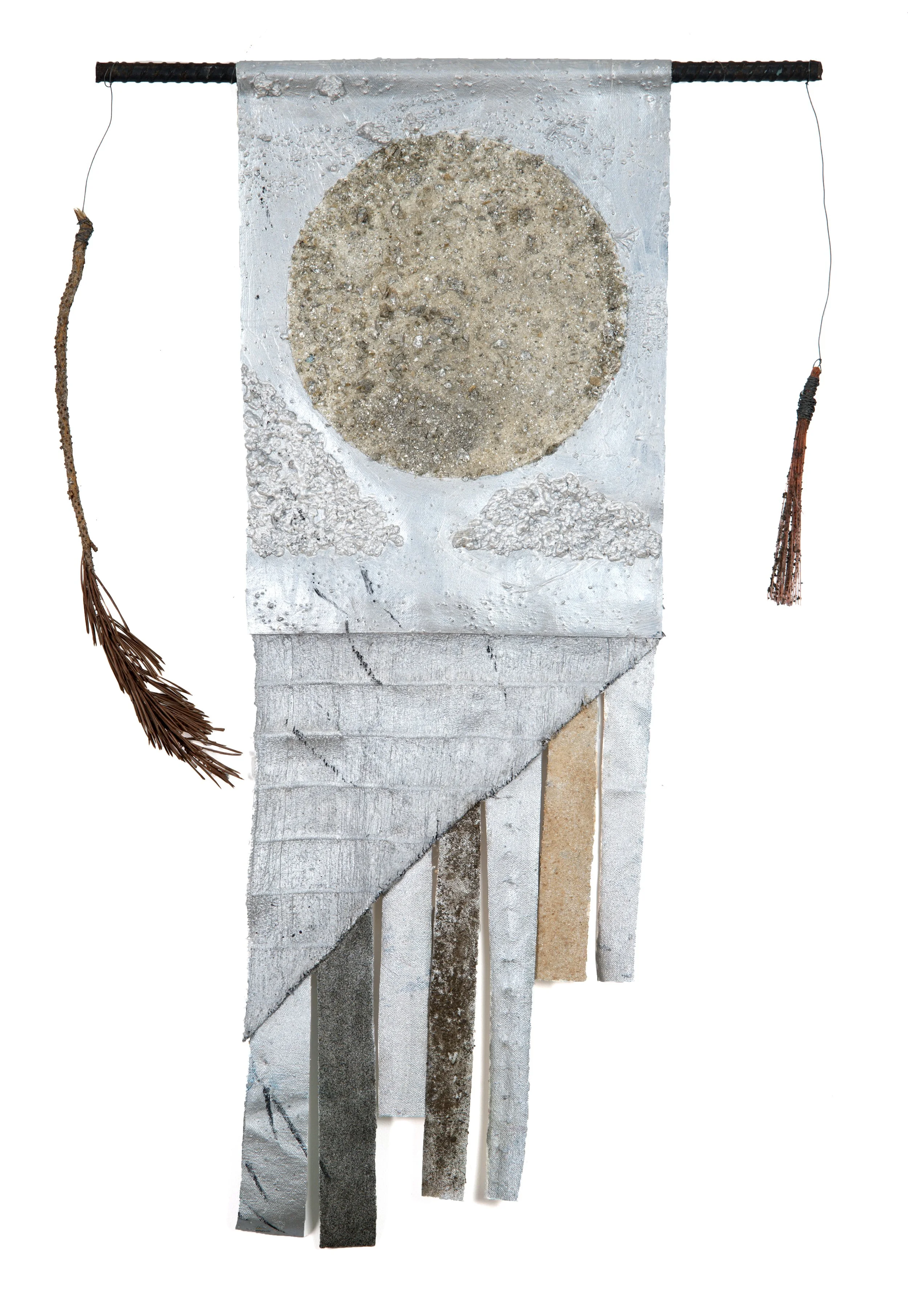 A Question of Balance | 2025 | 30.5 x 19" | 	acrylic, mica schist, sand, sawdust, fabric, charcoal and paper pulp on canvas, pine branch, survey marking whisker, wire and rebar