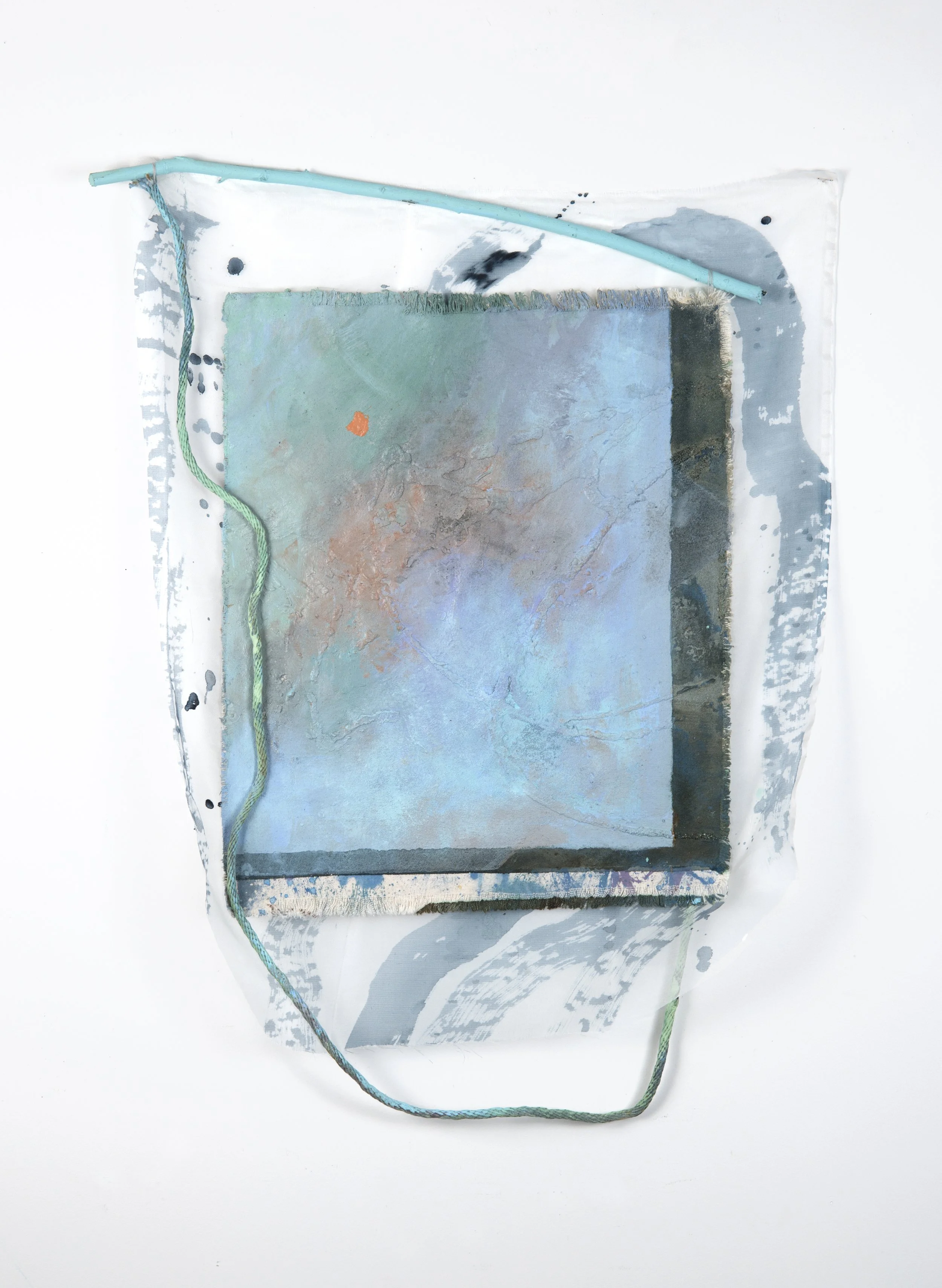 Tough Ghost 1 | 2026 | 21 x 29" | acrylic, rope, sand, canvas and tree branch on silk