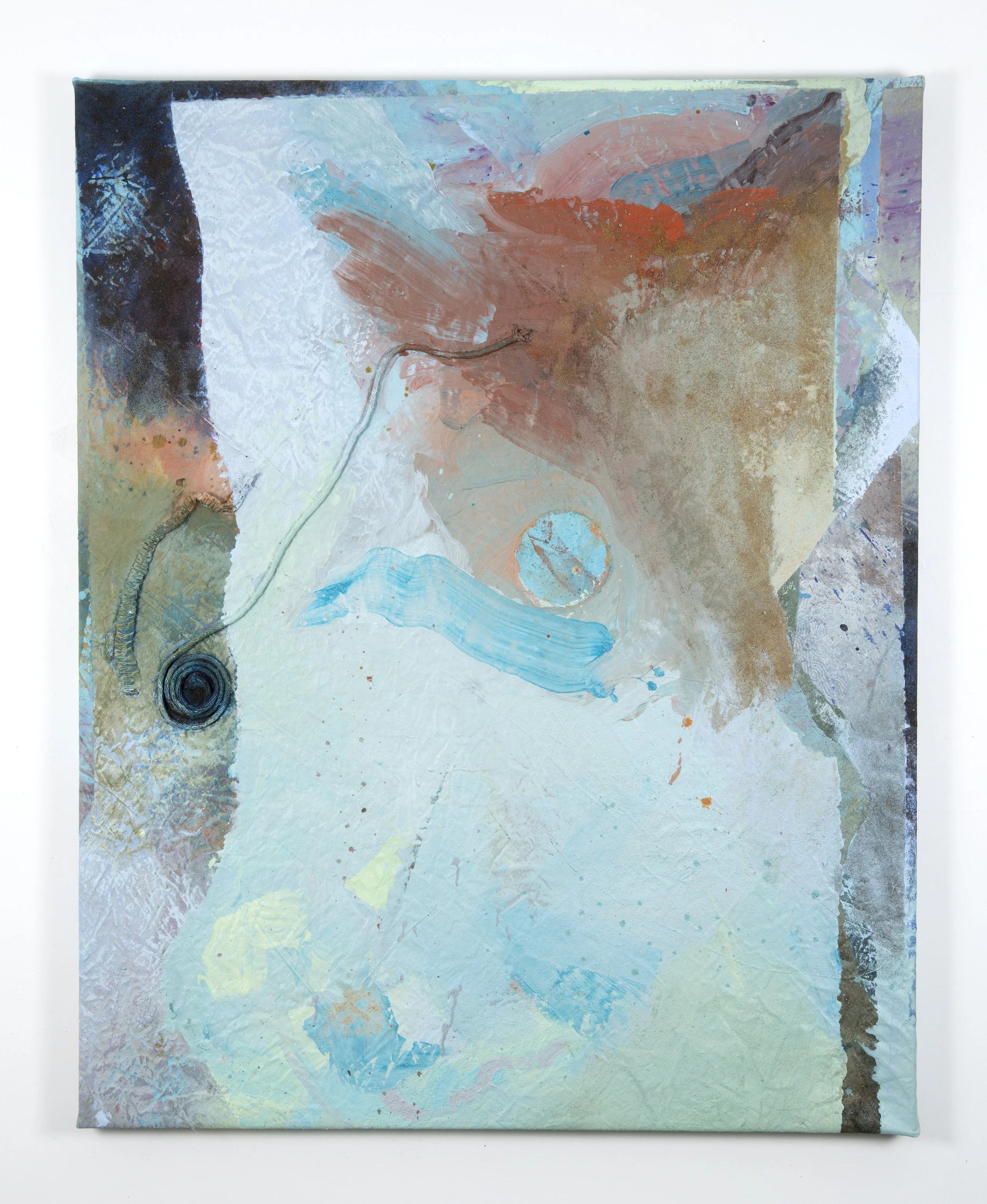 Cosmic Peekaboo I | 2026 | 40 x 50" | acrylic, dye, fabric collage and rope on canvas