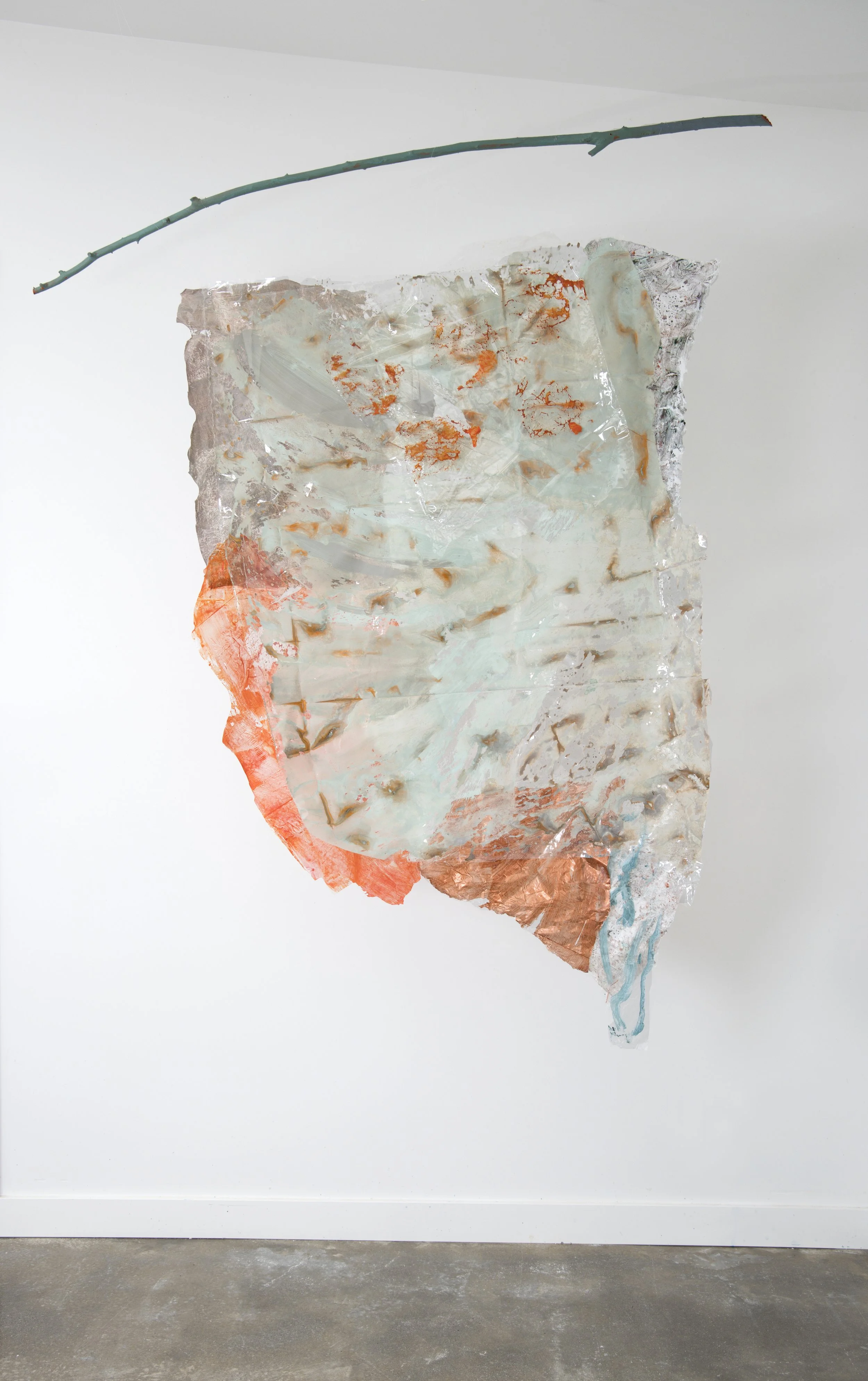Tough Ghost 6 | 2026 | 55 x 74" | plastic sheeting, acrylic, single use plastics, tree branch, monofilament