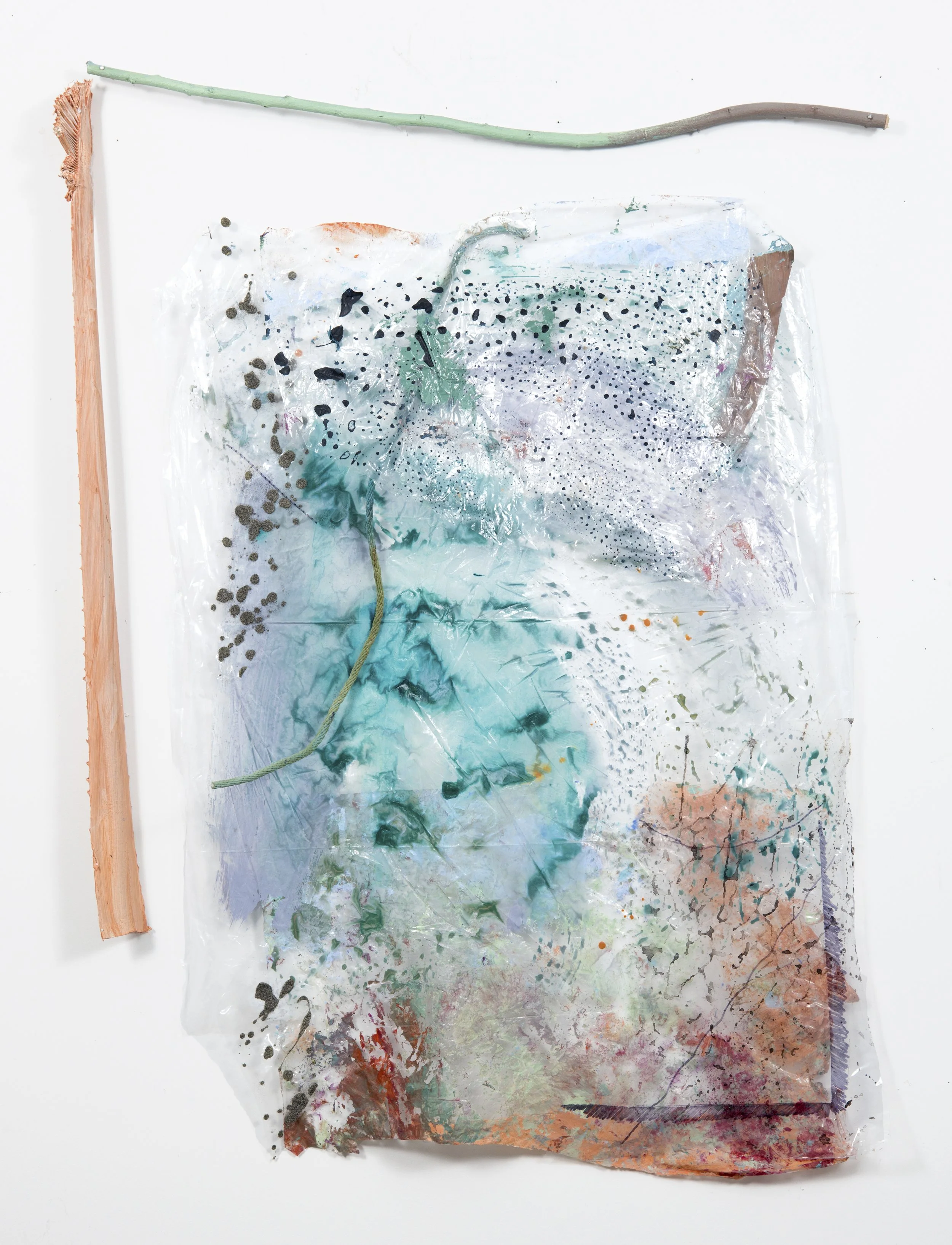 Tough Ghost 2 | 2026 | 31 x 43" | acrylic, rope, sand, sharpie, tree branch, palm frond and single use plastics