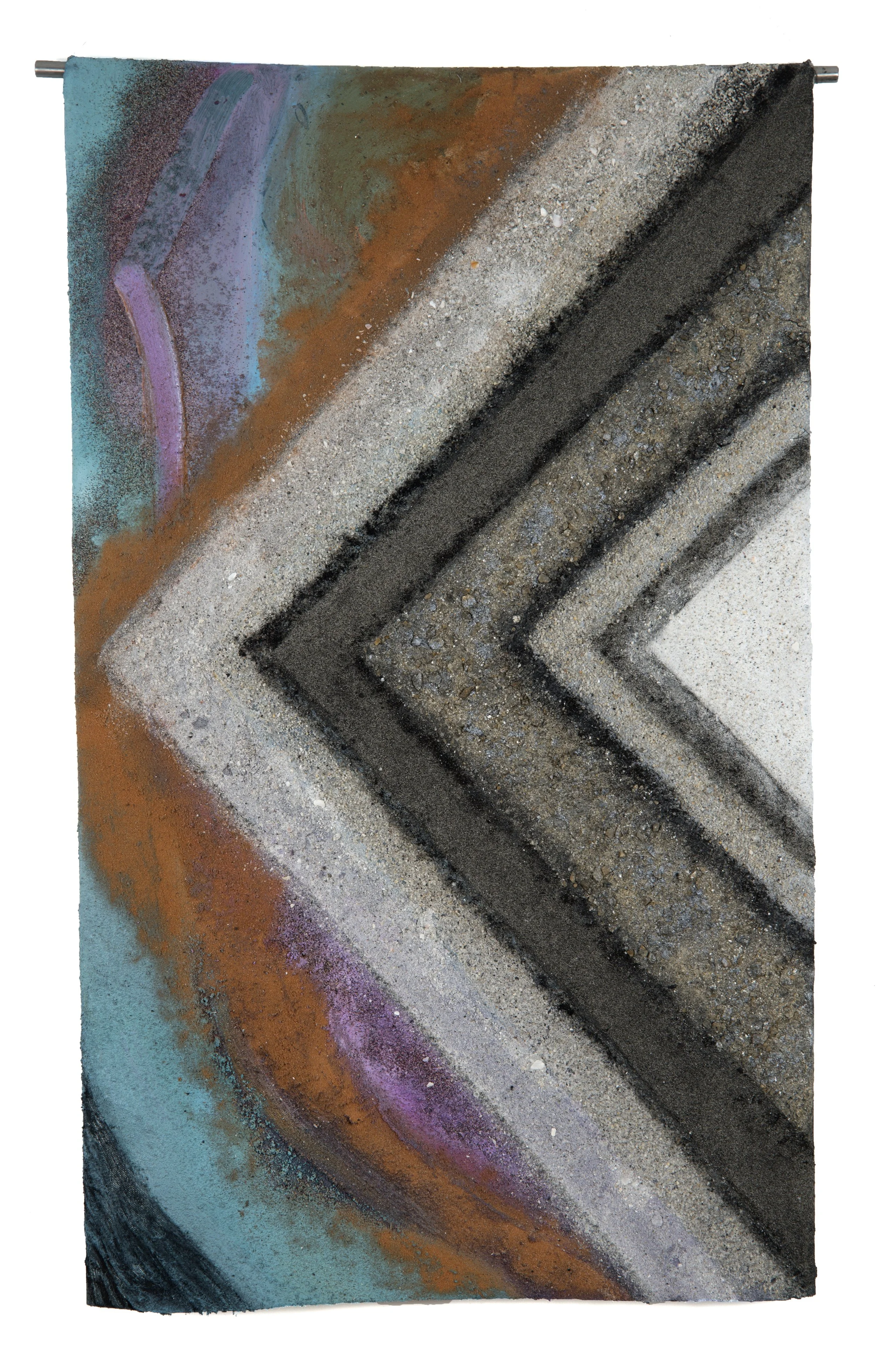 Shield (recto) | 2025	| 33 x 21" | acrylic, oil, charcoal, mica schist and sand on canvas