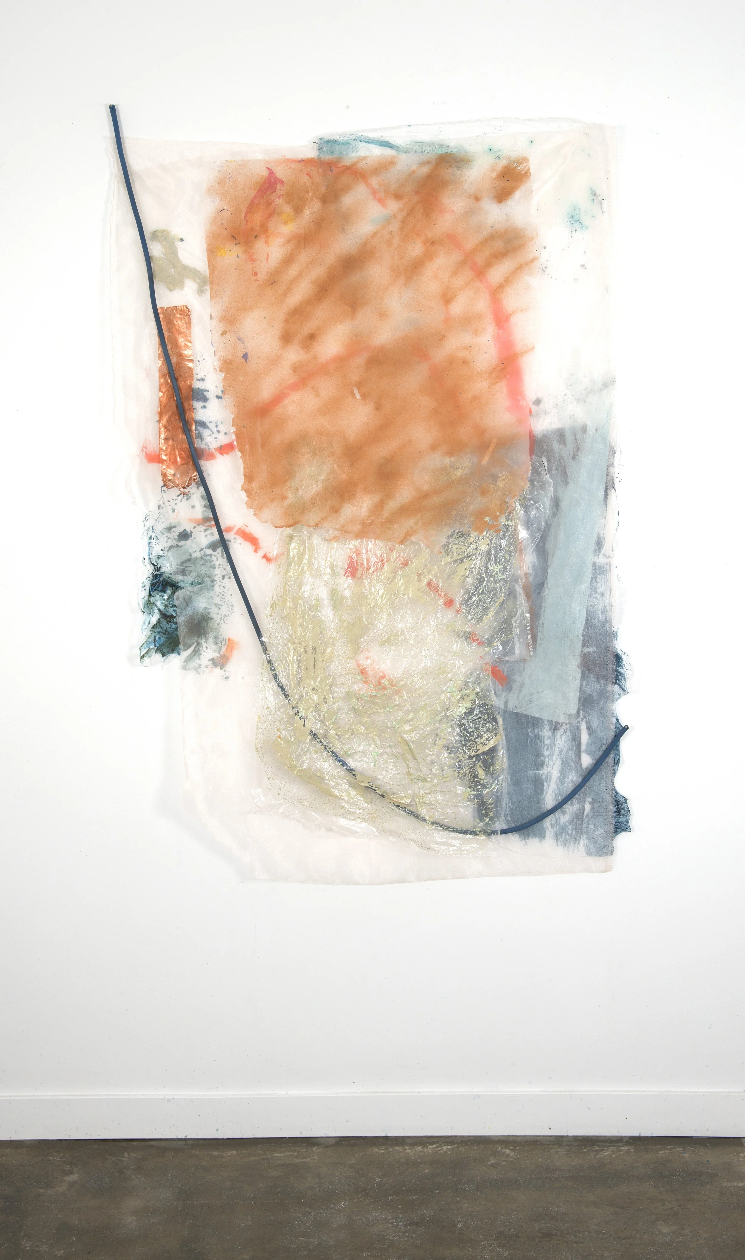 Tough Ghost 5 | 2026 | 43 x 64" | sand, acrylic, single use plastics, polyester organza, exercise band