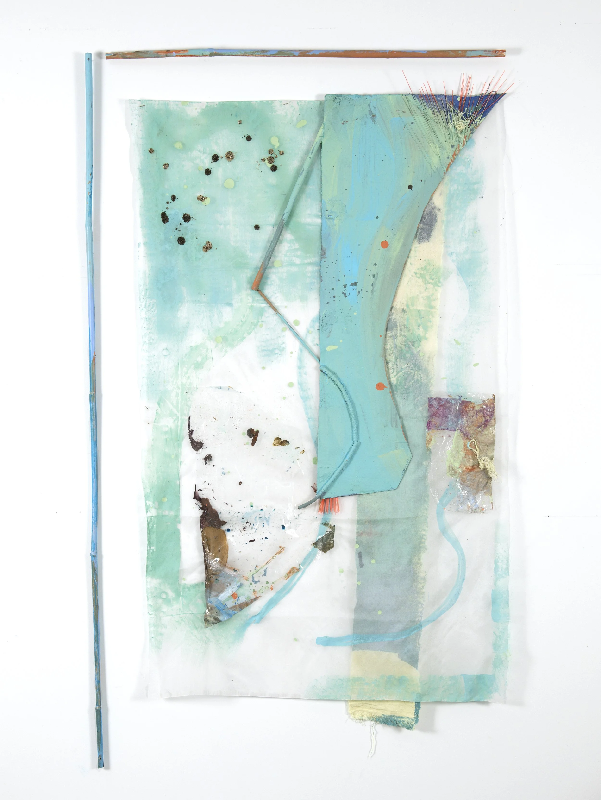 Tough Ghost 4 | 2026 | 32 x 51"" | acrylic, sand, bamboo, twig, chopstick, dyed canvas, single use plastics on silk