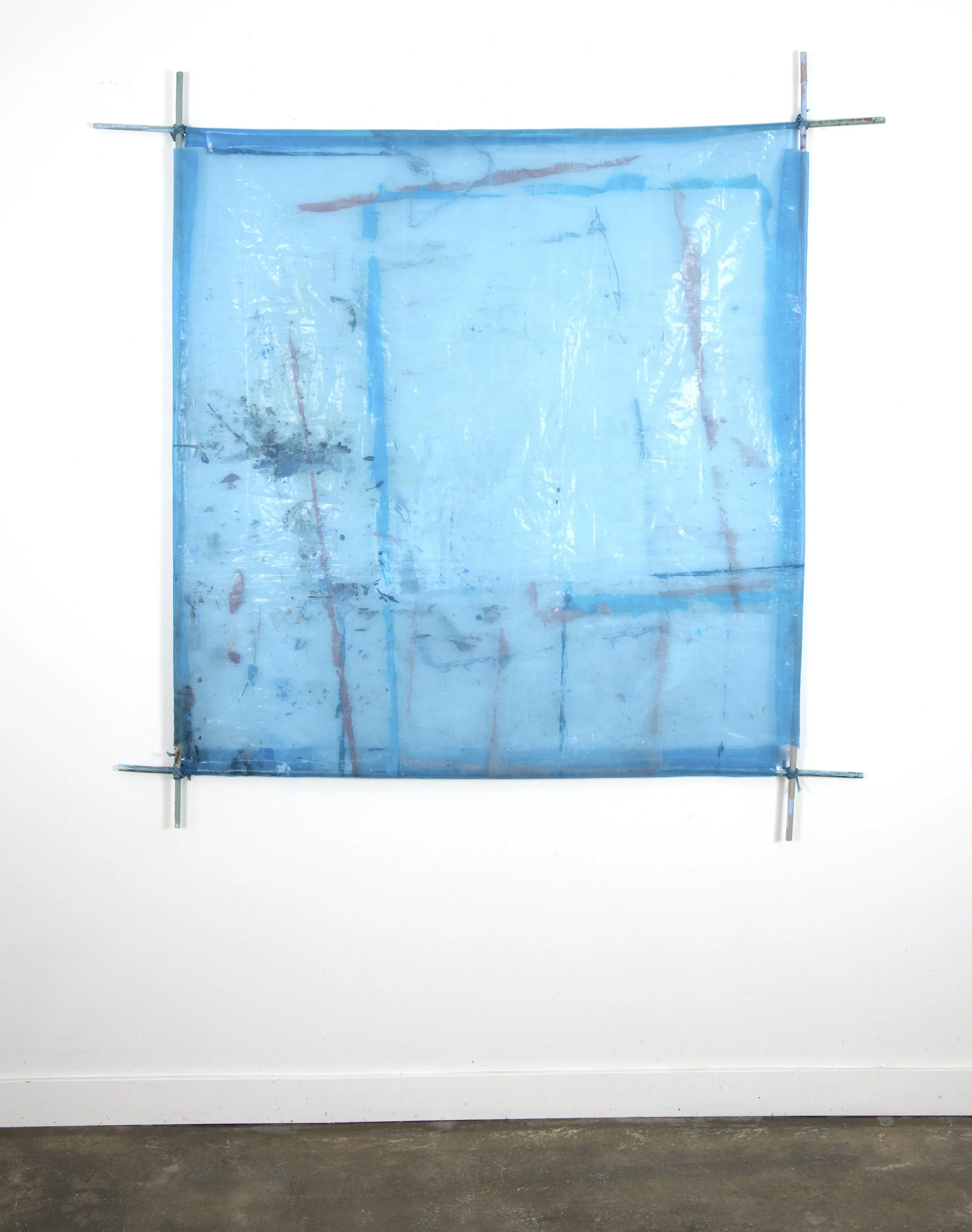 Patch Atlas 1 | 2026 | 60 x 60" | plastic drop cloth, acrylic, rope, bamboo, polyester organza