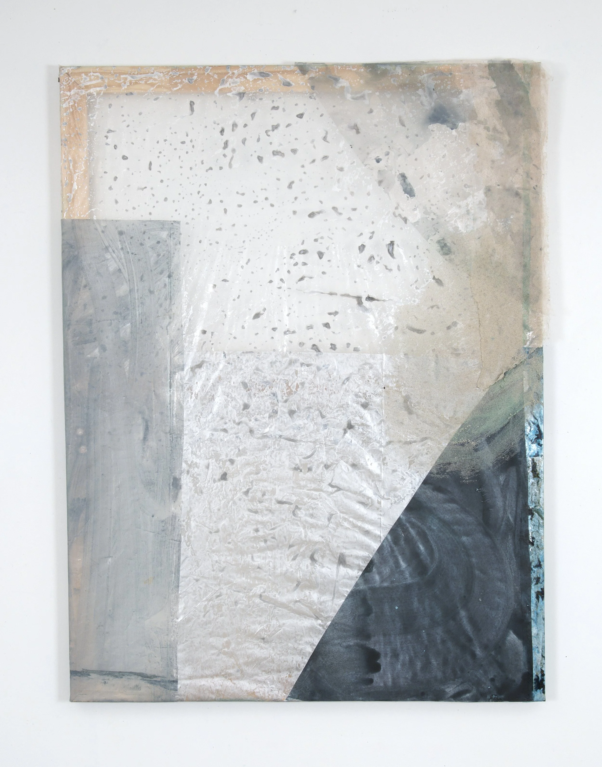 Patch Atlas 3 | 2026 | 36 x 48" | plastic sheeting, sand, mylar, acrylic, polyester organza, single use plastics