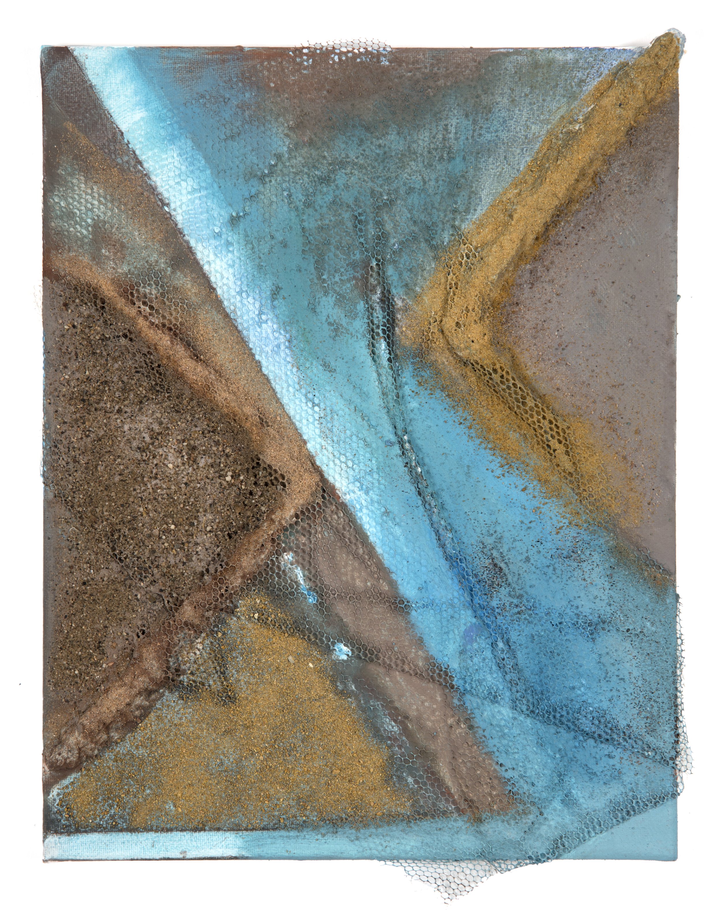 The Past Never Goes Anywhere	| 2025 | 15 x 11.25" | acrylic, oil, sand, paper pulp and tulle on canvas