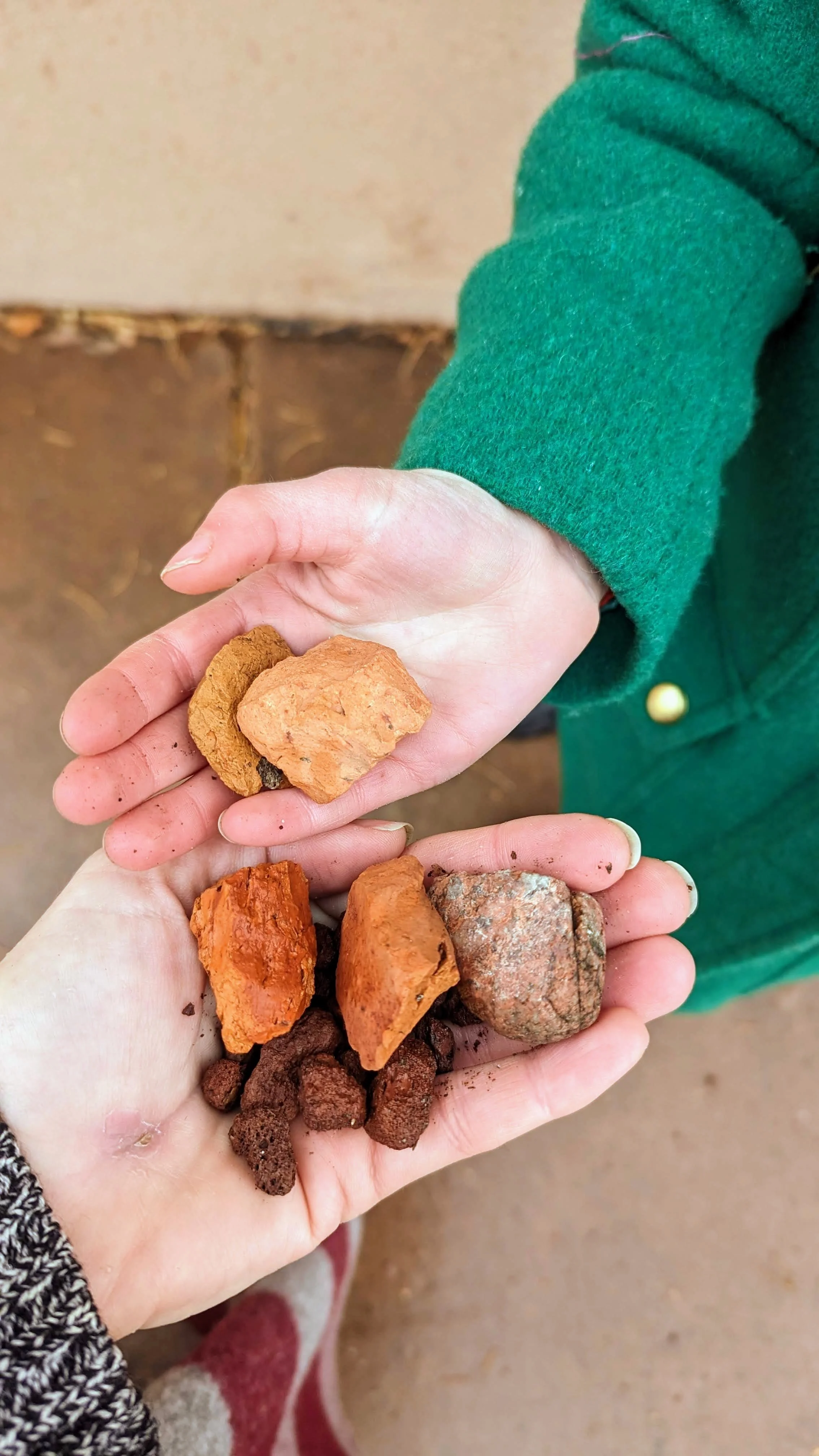 A child and woman's hands holding various rocks and minerals.