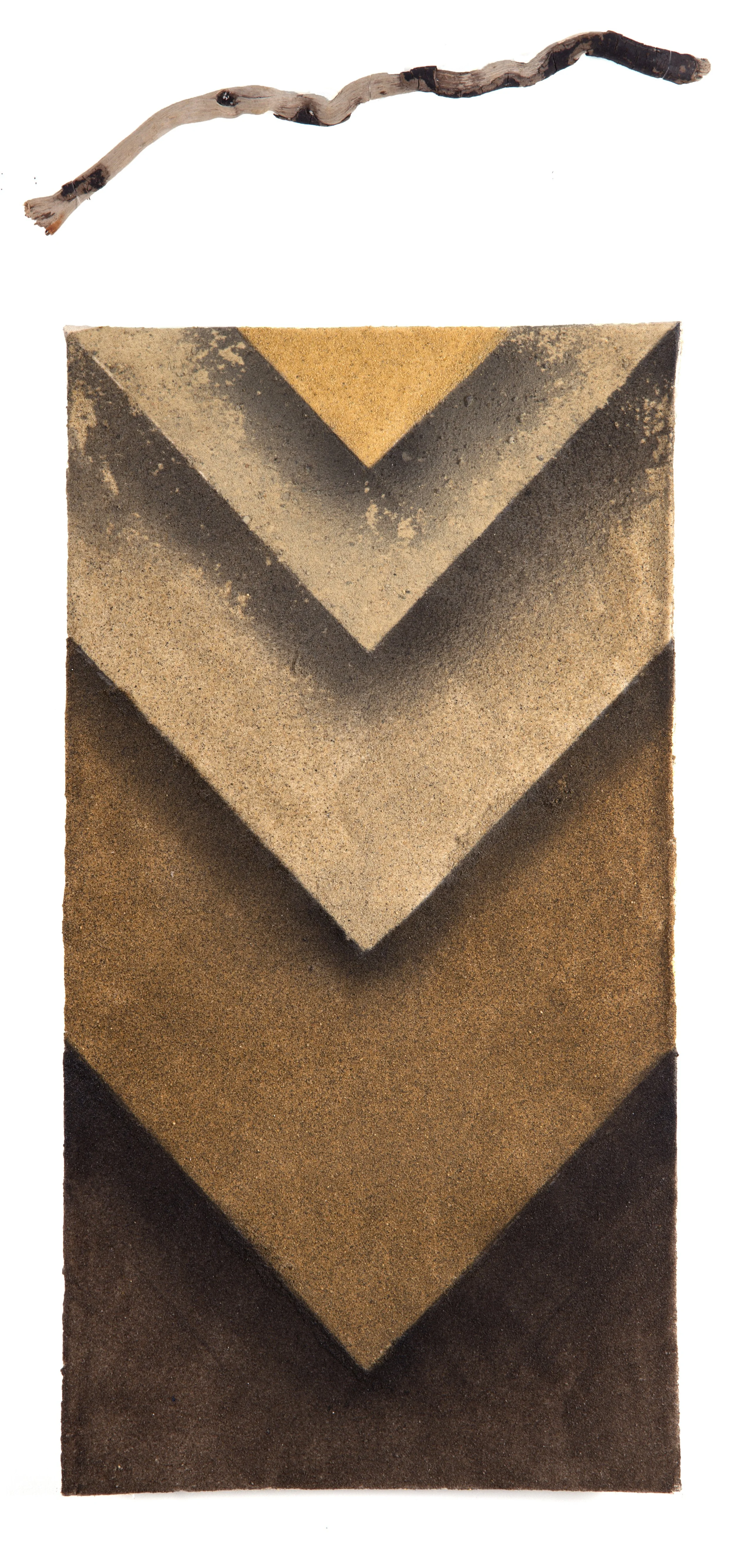 Many Paths	| 2025 | 15 x 31.75" | sand, spray paint, fishing line, driftwood and canvas backed on moving blanket