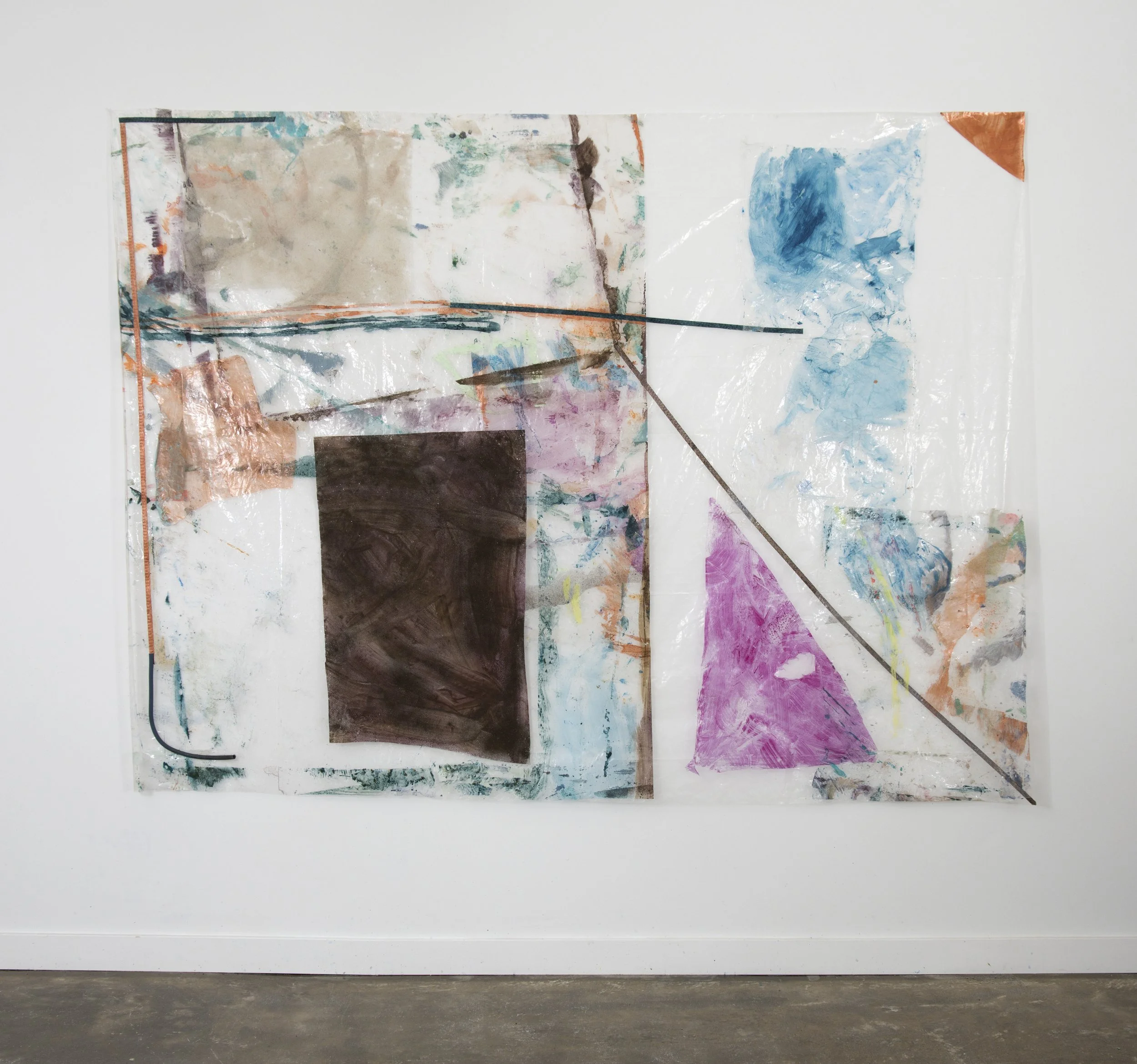 Patch Atlas 2 | 2026 | 88 x 65" | plastic drop cloth, sand, acrylic, polyester strapping, single use plastics