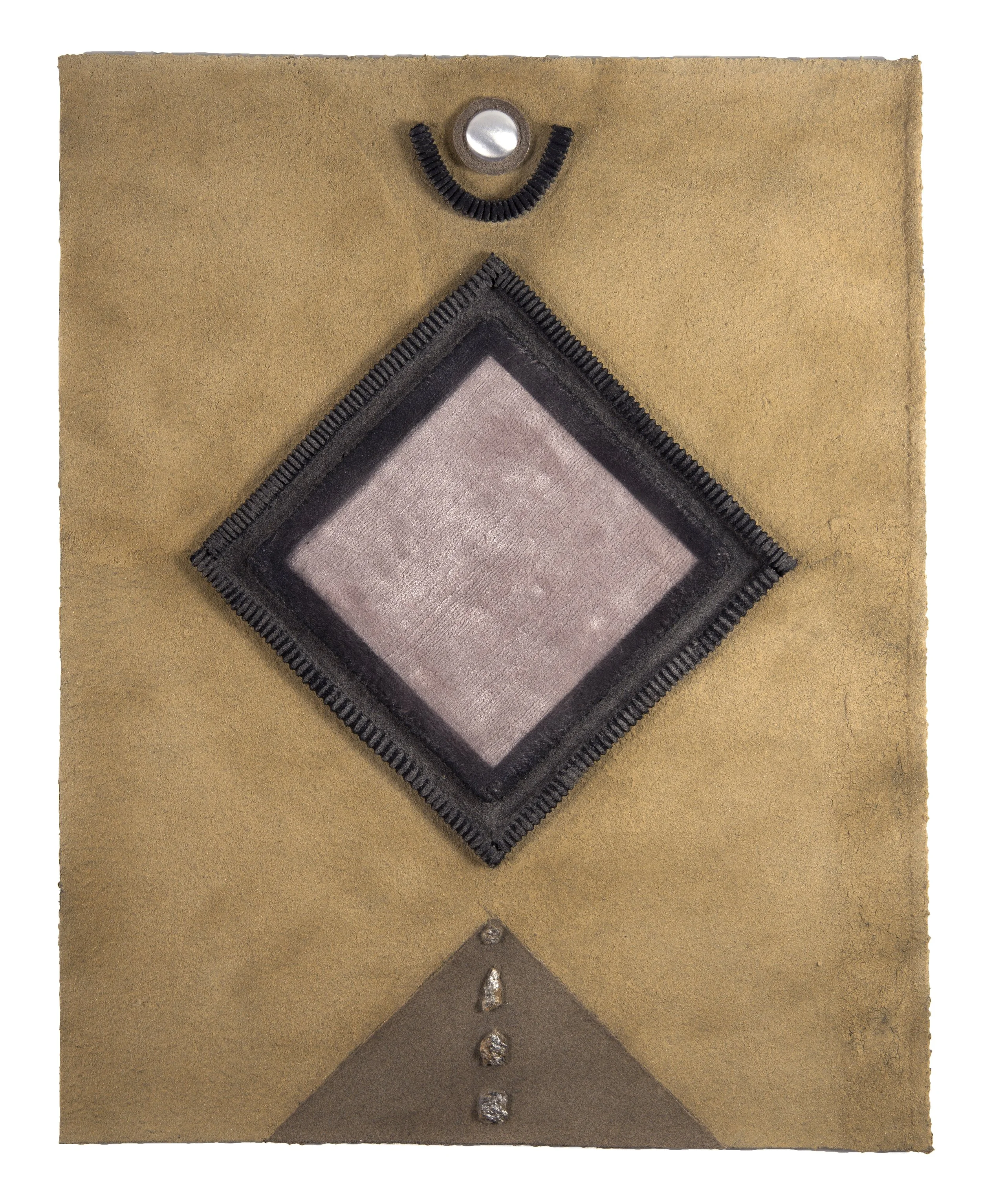 Still Point | 2025 | 29 x 36" | acrylic, sand, aluminum, garden hose and mica schist on carpet