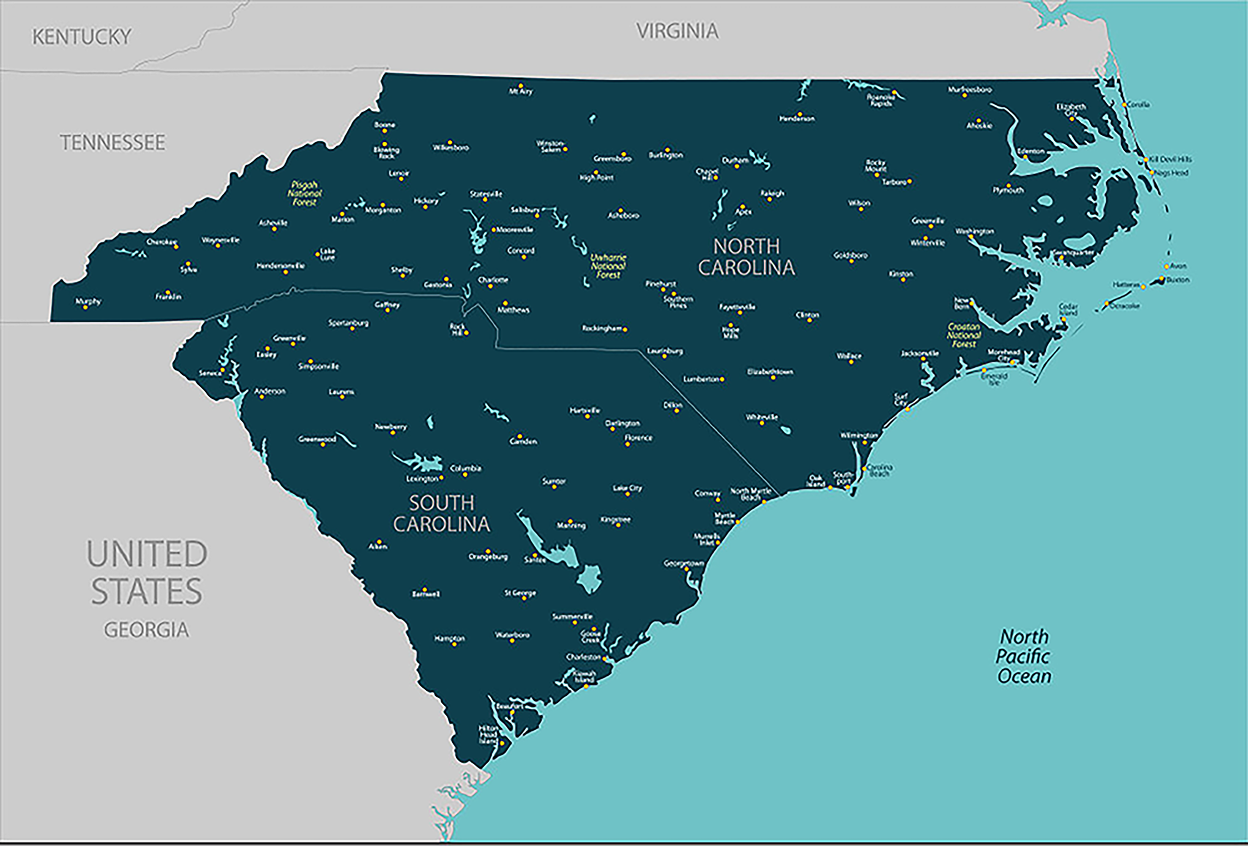 Map of South Carolina showing cities and forests, with neighboring states Kentucky, Virginia, Tennessee, Georgia, and North Carolina, and the North Atlantic and North Pacific Oceans.