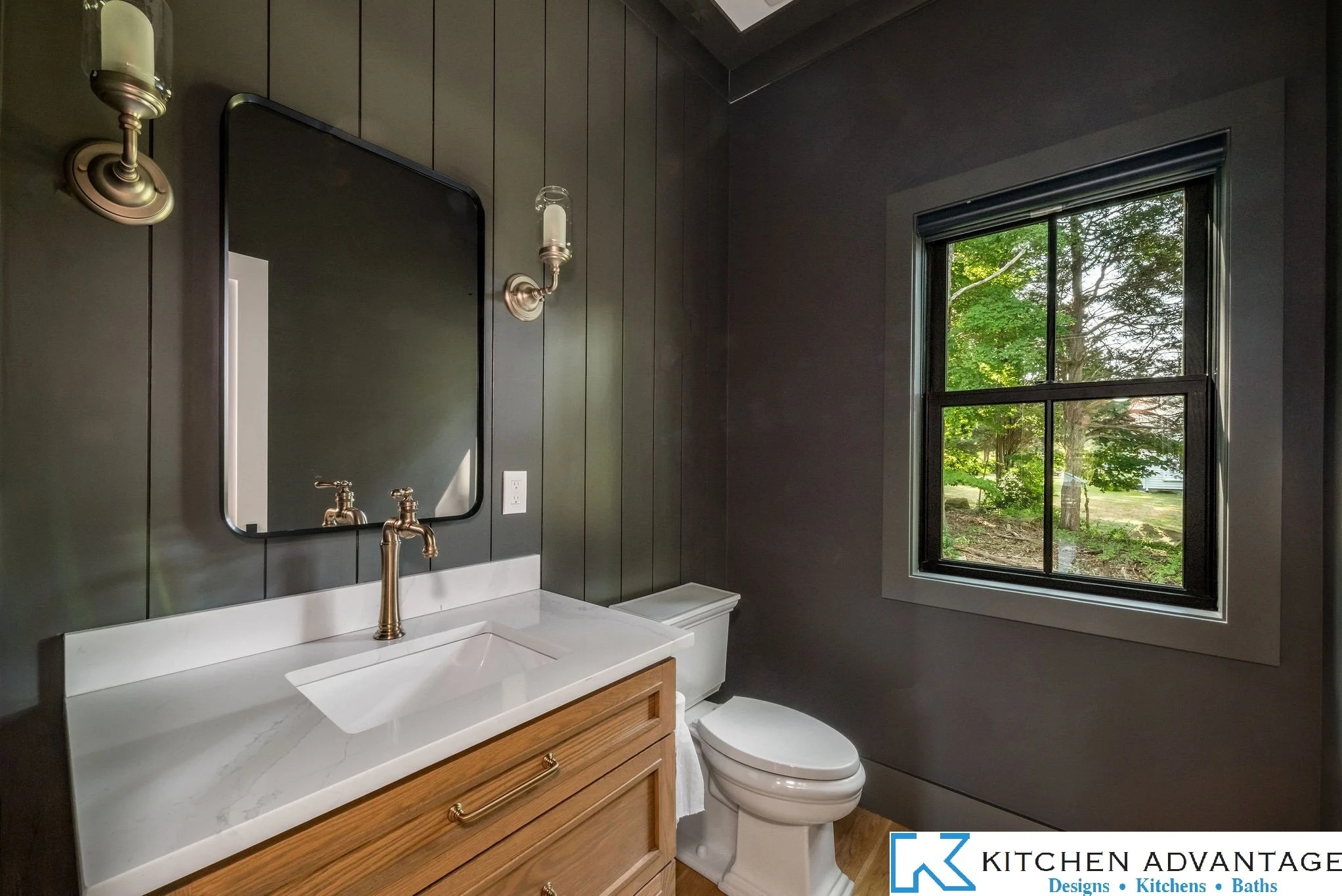  Warm overlay walnut bathroom vanity from a Guilford remodeling project 