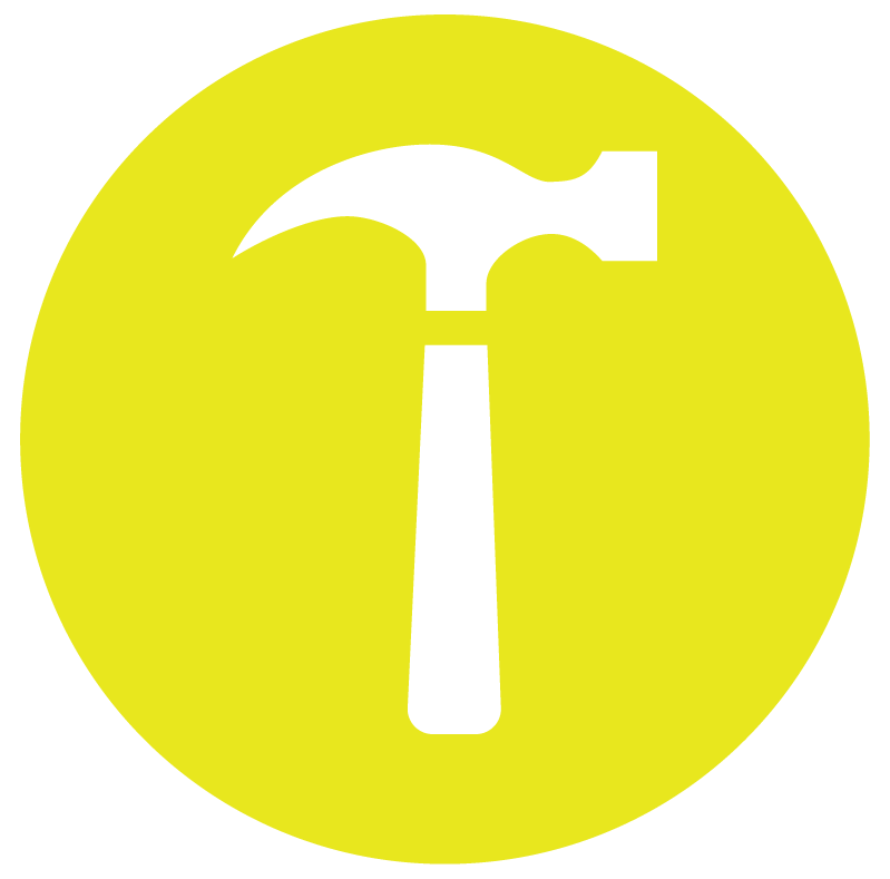 A white hammer and axe symbol inside a yellow circle background.