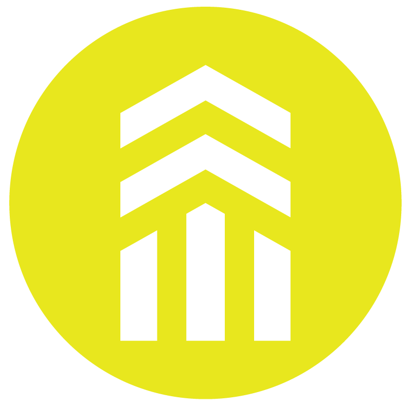 A yellow circle with white upward arrows arranged in a pattern.
