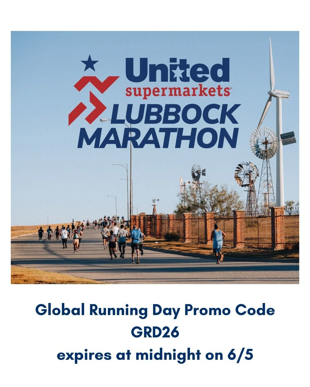Thank you for celebrating Global Running Day with the Lubbock Marathon! Just as a reminder, our discount code GRD26 expires today, 6/5.

#LBKMarathon #LubbockMarathon #Marathon #HalfMarathon #globalrunningday