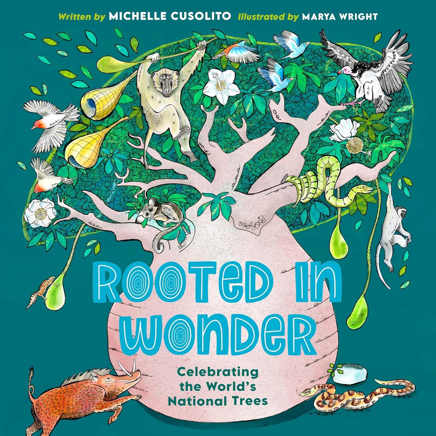 Book cover titled "Rooted in Wonder" celebrating the world's national trees, featuring a large tree with various animals and plants such as birds, snakes, a pig, and a sloth surrounding it in a colorful illustration.