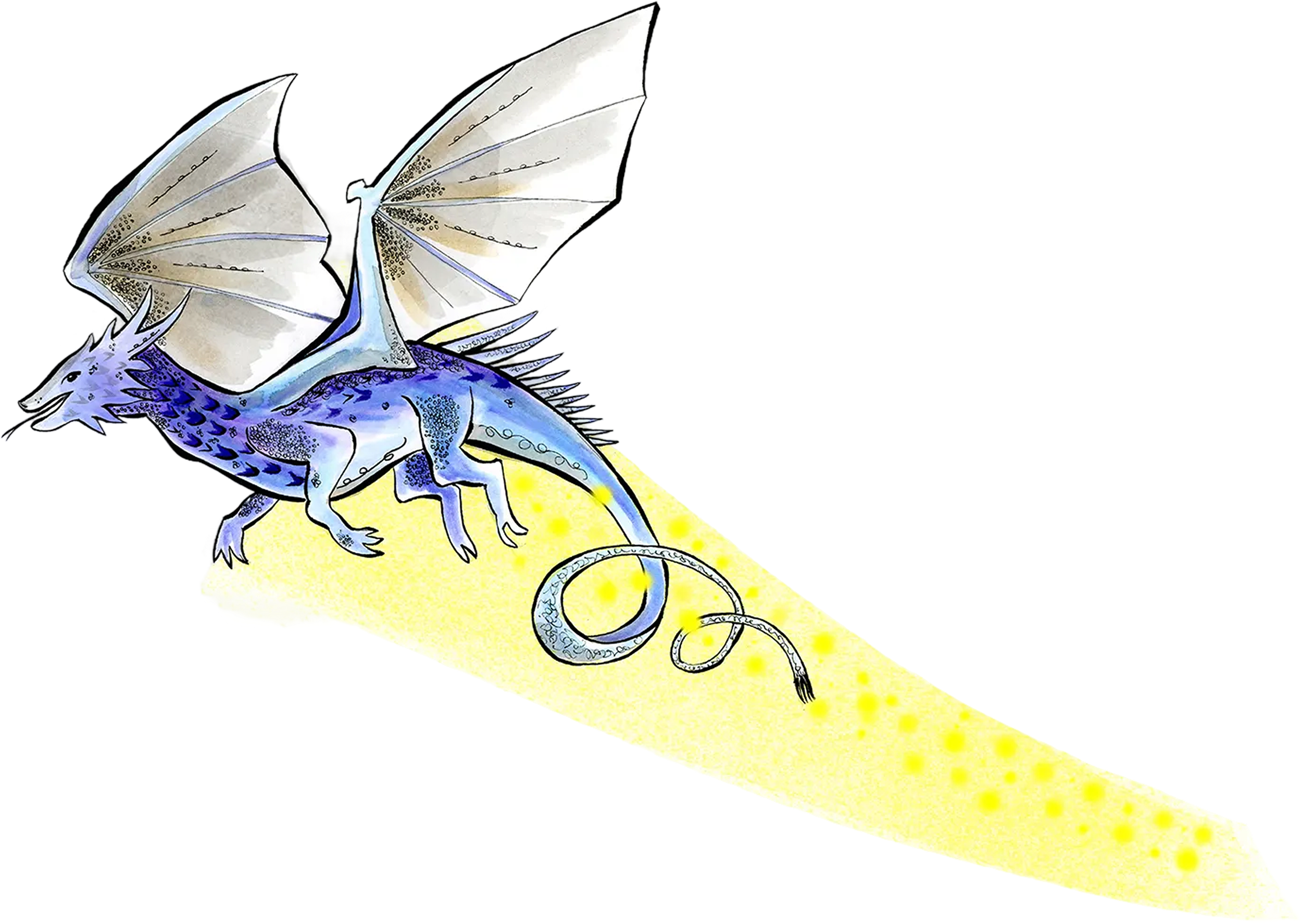 A colorful illustration of a dragon with blue and purple scales, large beige wings, and a long tail, casting a yellow light pattern underneath it.