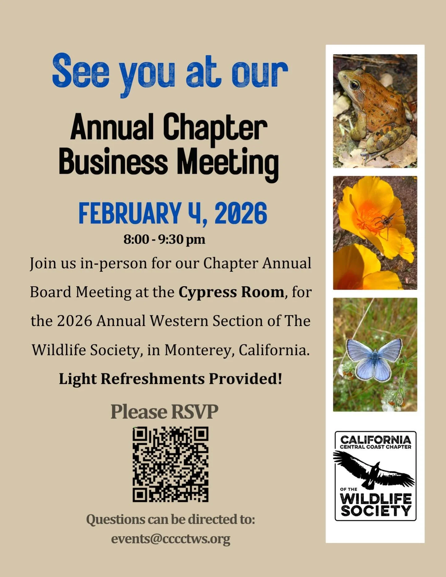 Join us at the Annual Chapter Business Meeting at the @westerntws conference in the Cypress Room at the @hyattregencymonterey. Refreshments provided!