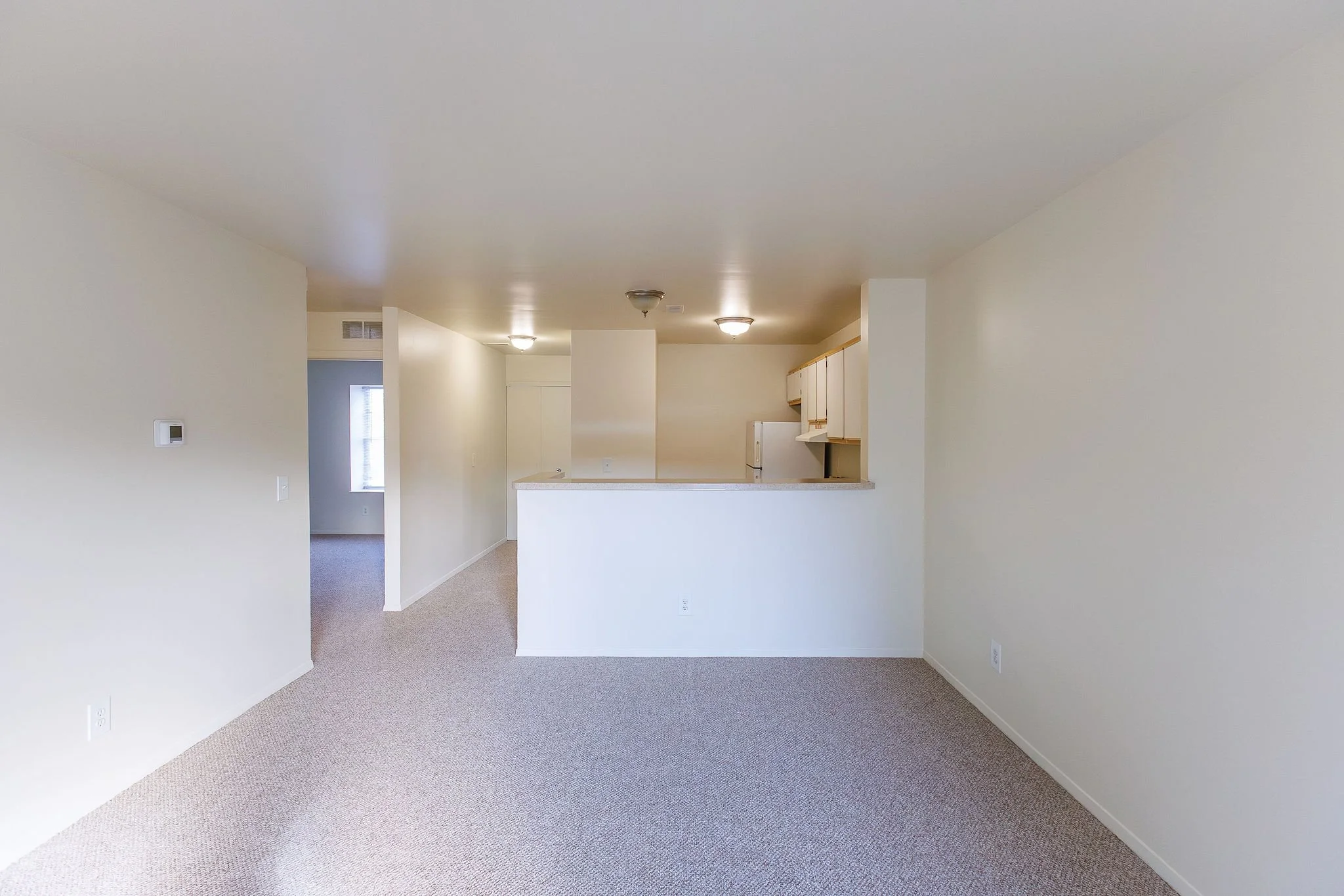 Empty living room with beige carpet and white walls, featuring a view into the kitchen with white cabinets and appliances.