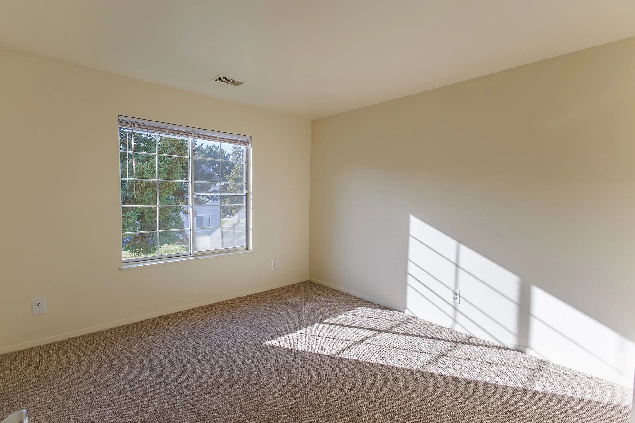 Empty room with beige walls, a window with white blinds, and sunlight casting shadows on the beige carpet floor.