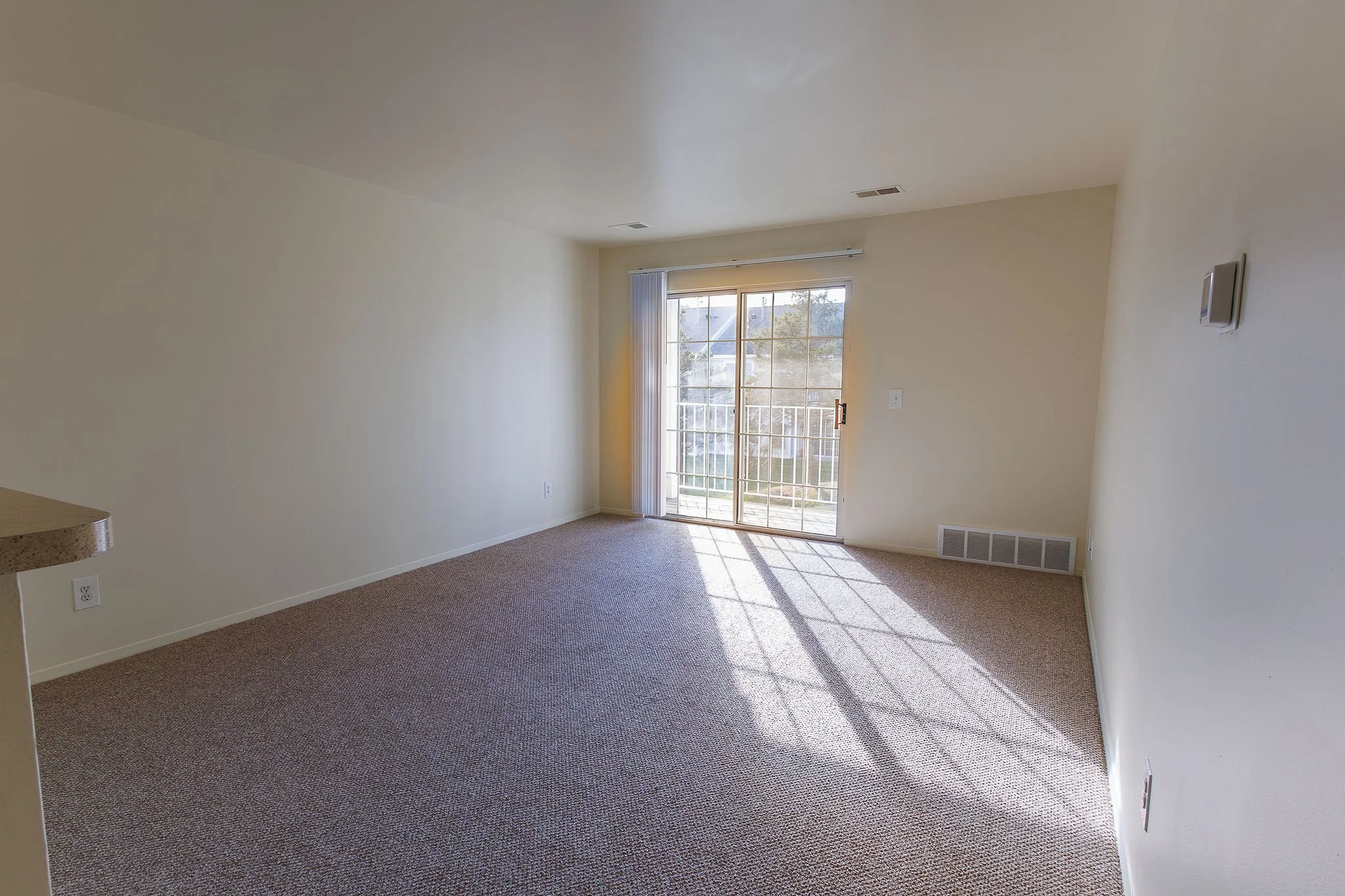Empty living room with beige carpet, off-white walls, sliding glass door leading to balcony, sunlight casting shadows on the carpet.