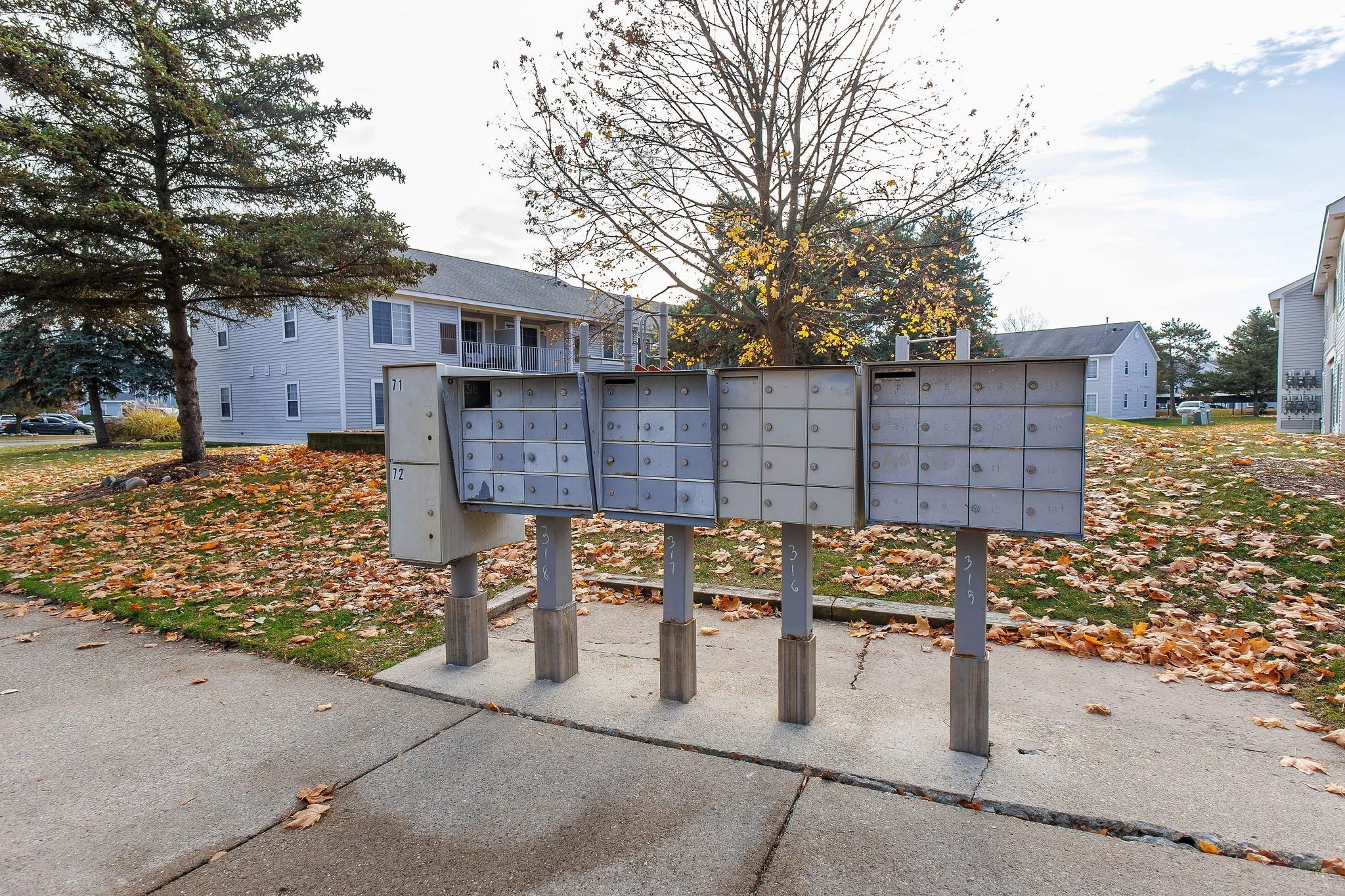 A row of apartment mailboxes in a residential area with fall leaves on the ground and trees, some in winter dormancy, under a partly cloudy sky.