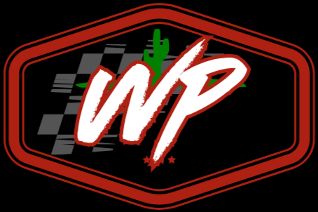 Logo with the letters 'WP' in white and red, a green cactus, and a black checkered flag pattern in the background, enclosed in a red and black shield-shaped border.
