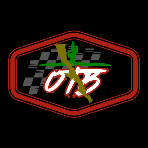 Motorsport logo with a red hexagonal border, a black checkerboard pattern in the background, a green cactus, and white stylized text 'OT' crossed out with a gold line.