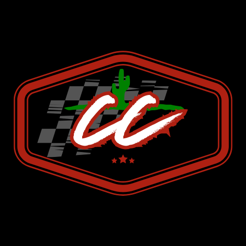 Logo with a red border, black background, checkered pattern, a green cactus, and white and red stylized letters 'CC'.