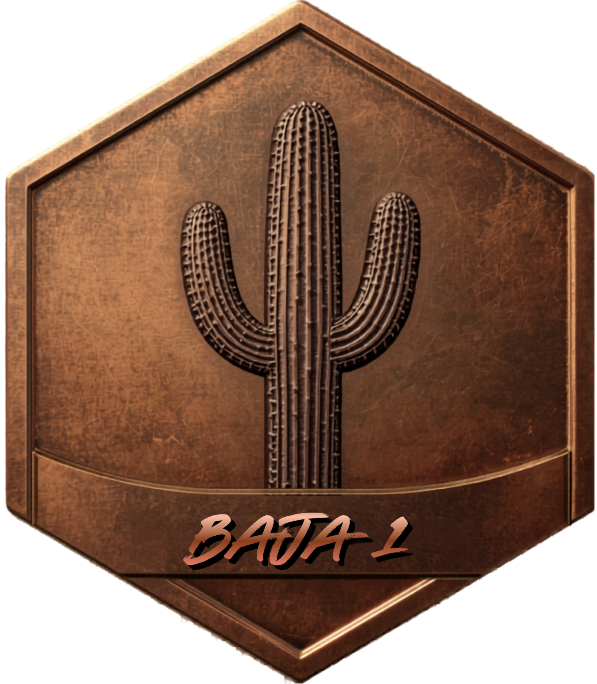 A 3D metallic award or trophy shaped like a diamond with a cactus engraved on it, and the text 'BATAI' visible at the bottom.