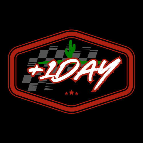 A racing-themed graphic with a red hexagonal border, a checkered flag pattern, a green cactus, and the text '+10 DAY' in bold white and red letters.