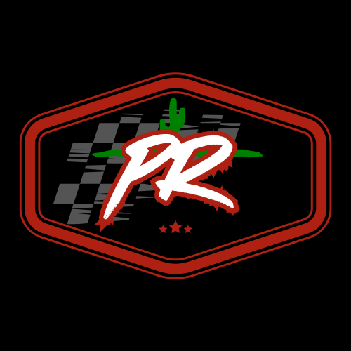 Logo with red and black border, stylized 'PR' letters, a green cactus and a checkered flag background.