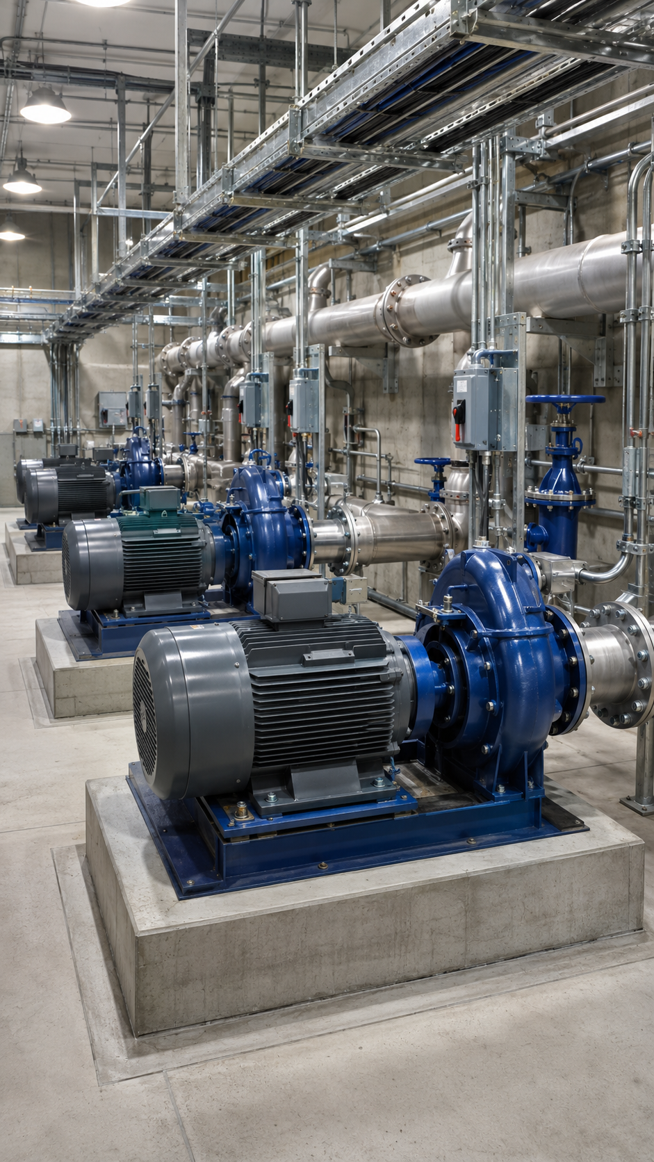Industrial facility with multiple large motors, blue pumps, and metal pipes on concrete bases.