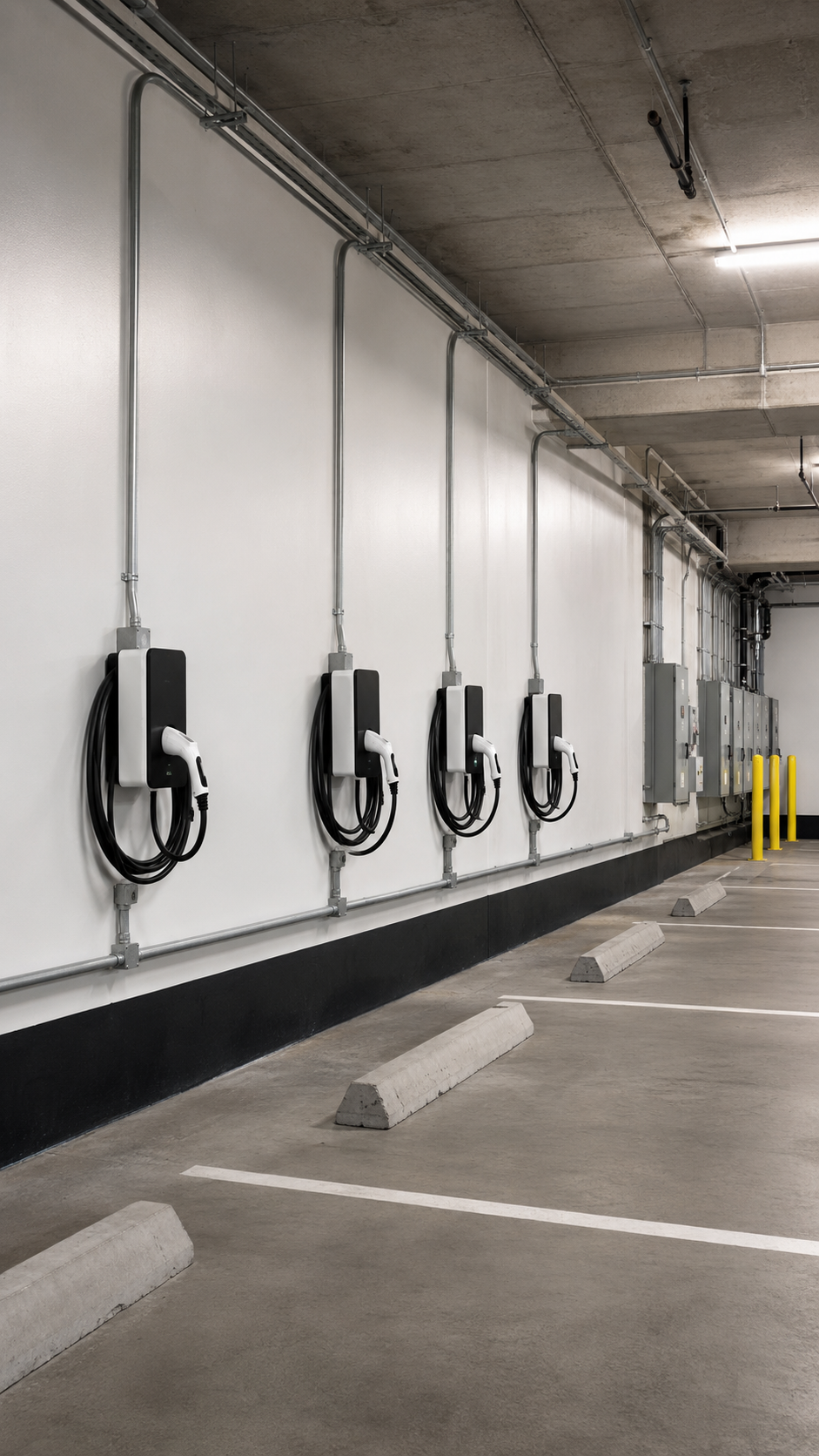 Four electric vehicle charging stations mounted on a white wall in a parking garage, with parking spaces and concrete wheel stops in the foreground.