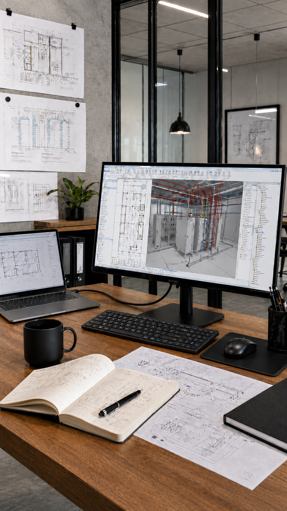 Office workspace with computer monitors displaying building or engineering plans, a laptop, sketchbooks with technical drawings, a black mug, and a potted plant on a wooden desk.