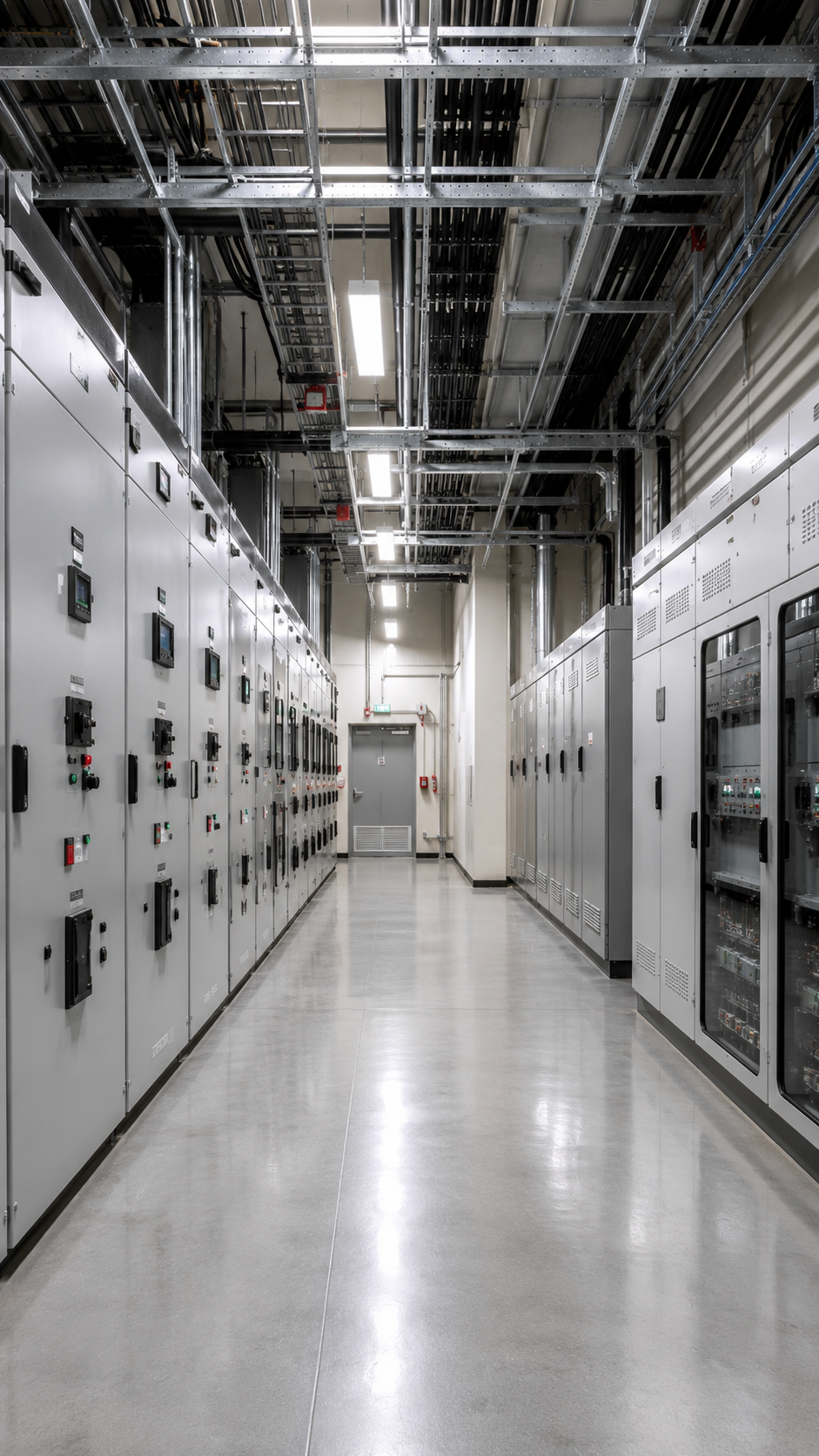 Room with electrical control panels and circuit breakers, with exposed ceiling wiring and fluorescent lighting.