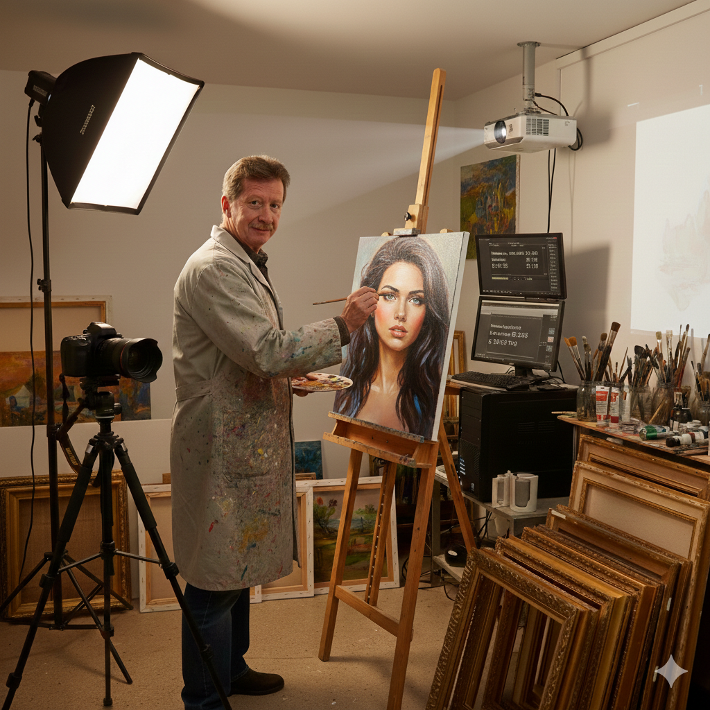 An artist paints a realistic portrait of a young woman on a canvas in a studio filled with paintings and art supplies.